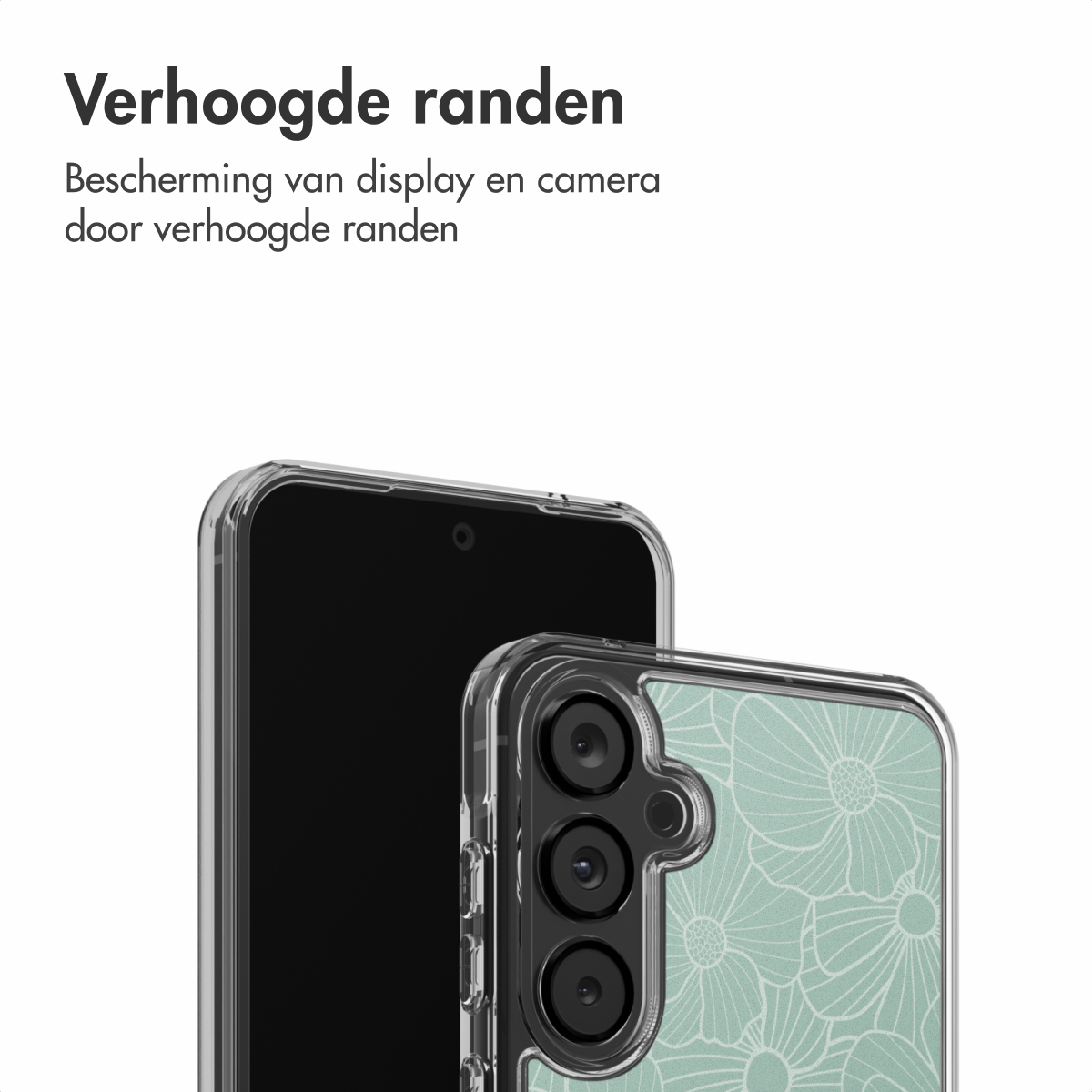 Deux smartphones avec des coques transparentes sont présentés. L'un a un écran noir, l'autre des fleurs sur fond vert clair.