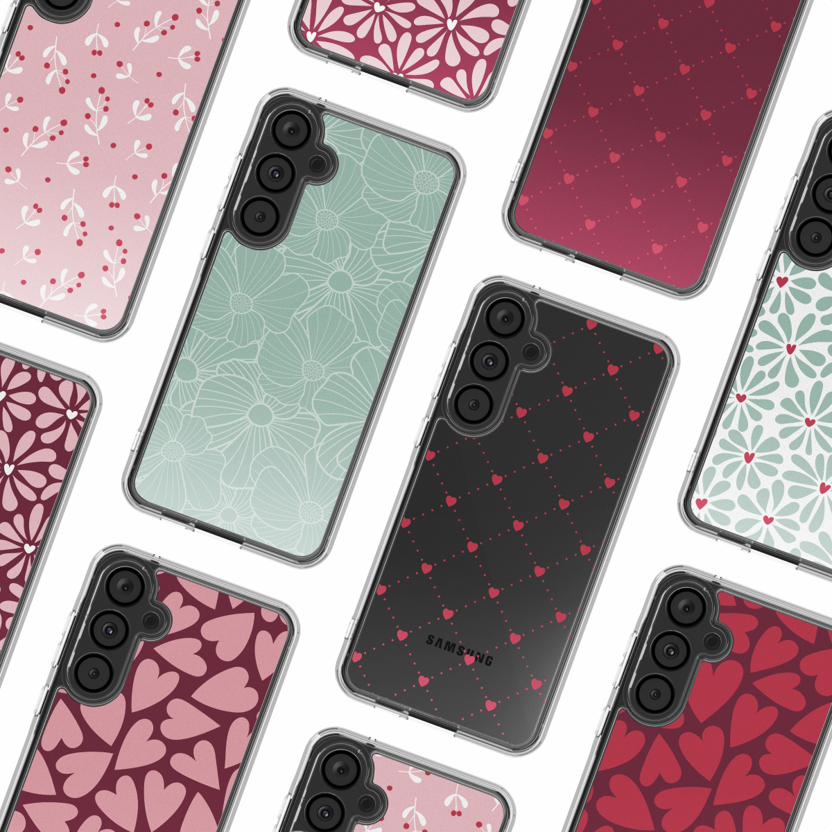 Neuf téléphones Samsung avec divers étuis. Les motifs incluent des fleurs, des cœurs et des baies. Les couleurs sont rose, rouge, vert et noir.