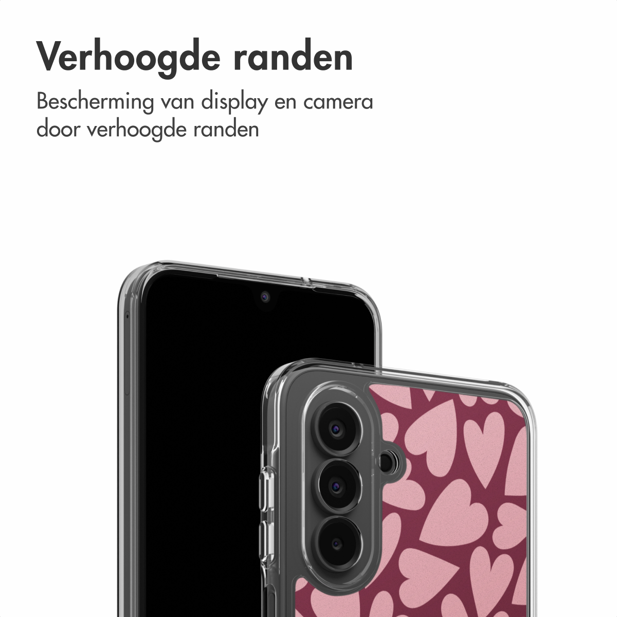 Een telefoon met een transparante hoes, met roze harten op een donkerrode achtergrond. De tekst bovenaan luidt 'Verhoogde randen'.