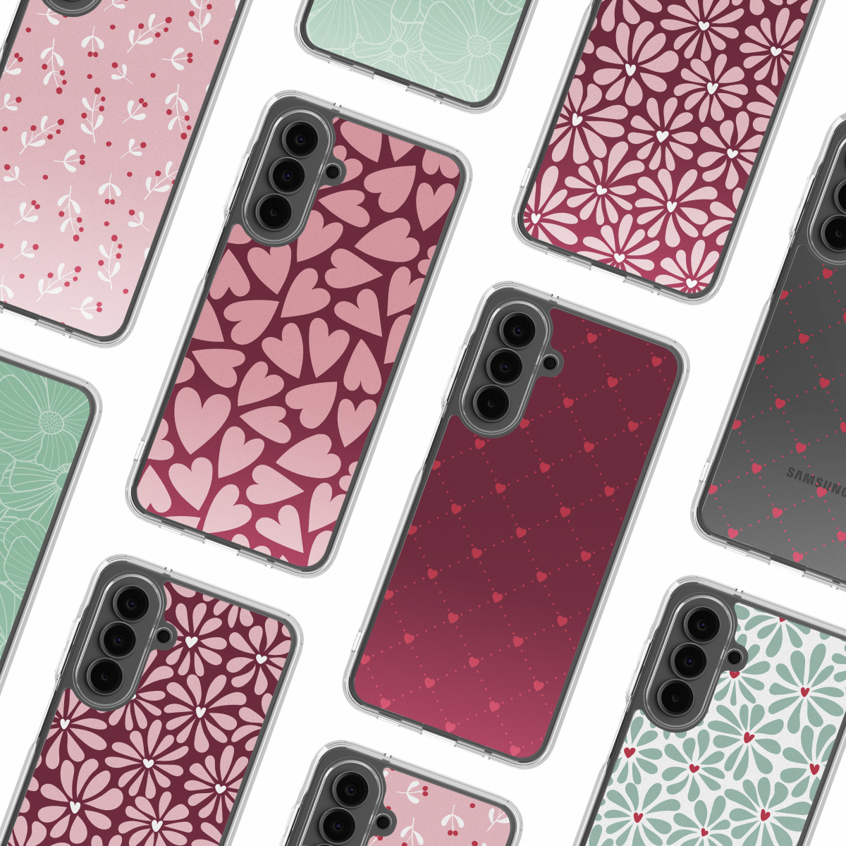Diverse telefoonhoesjes met patronen zoals harten, bloemmotieven en stippen. Hoesjes in roze, rood en groen.