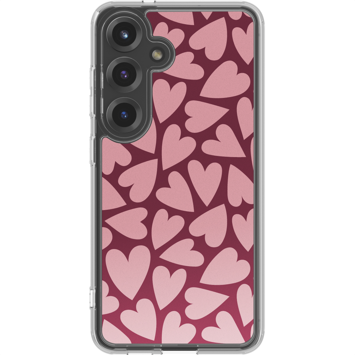 Een telefoonhoesje met een roze hartpatroon op een bordeauxrode achtergrond. De hoes heeft een doorzichtige rand en camera-uitsparingen.