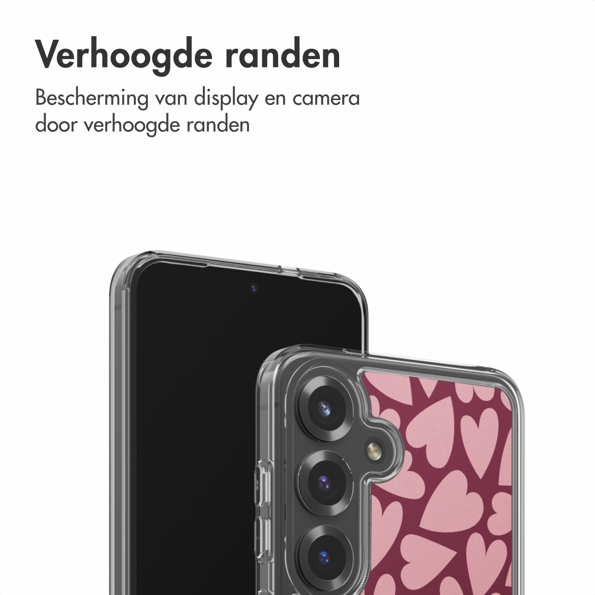 Twee smartphones met beschermhoesjes. Eén is zwart, de andere heeft een roze hartjespatroon. De achtergrond is wit.