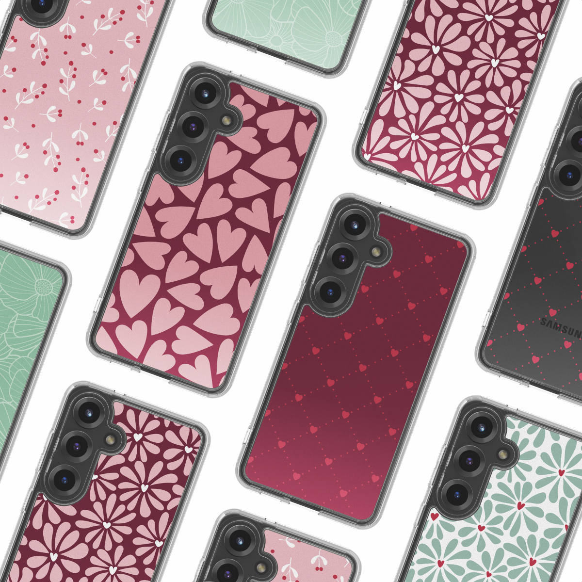 Array van telefoonhoesjes met diverse patronen: harten, bloemen, bladeren en stippen in roze, rood en groen, allemaal op een witte achtergrond.