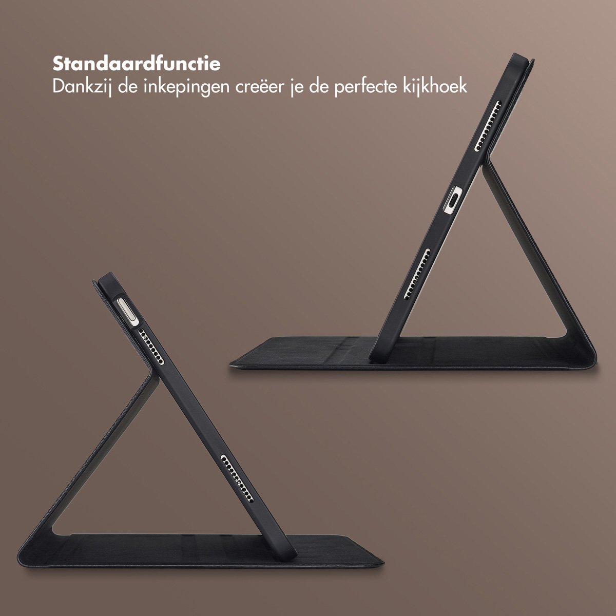 Two black tablet cases in different positions. The text says 'Standard function. Thanks to the notches, you create the perfect viewing angle'.