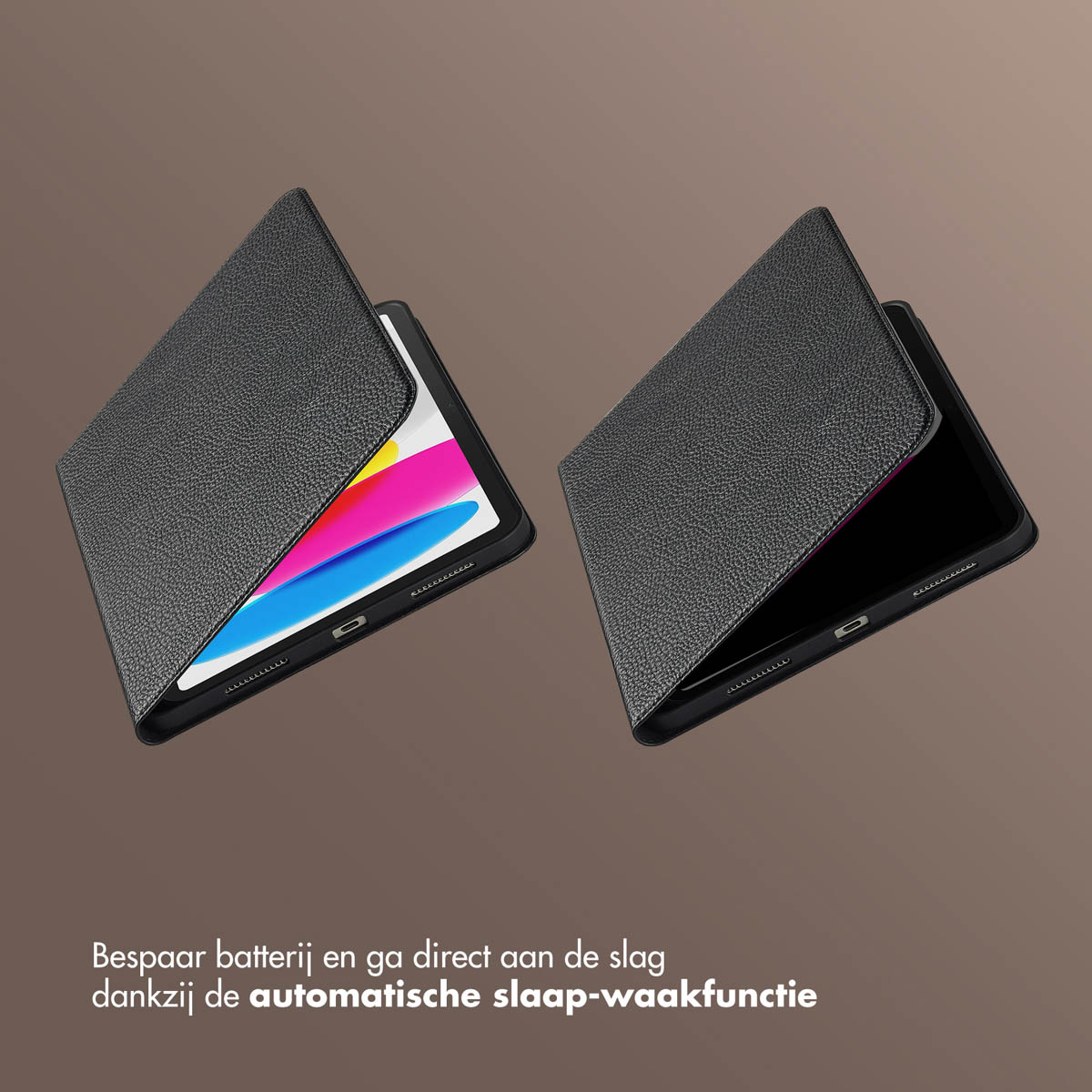 Two black tablet cases, one open revealing a colorful screen. The cases are textured and on a brown background. Text below.