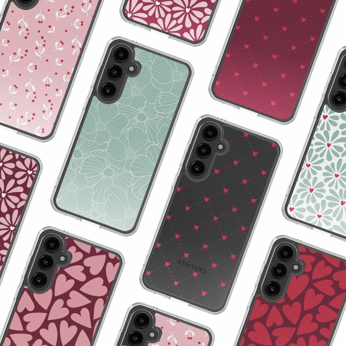 Primo piano di più smartphone con vari motivi sulle custodie: floreali, cuori e pois. I colori includono rosa, rosso e verde.