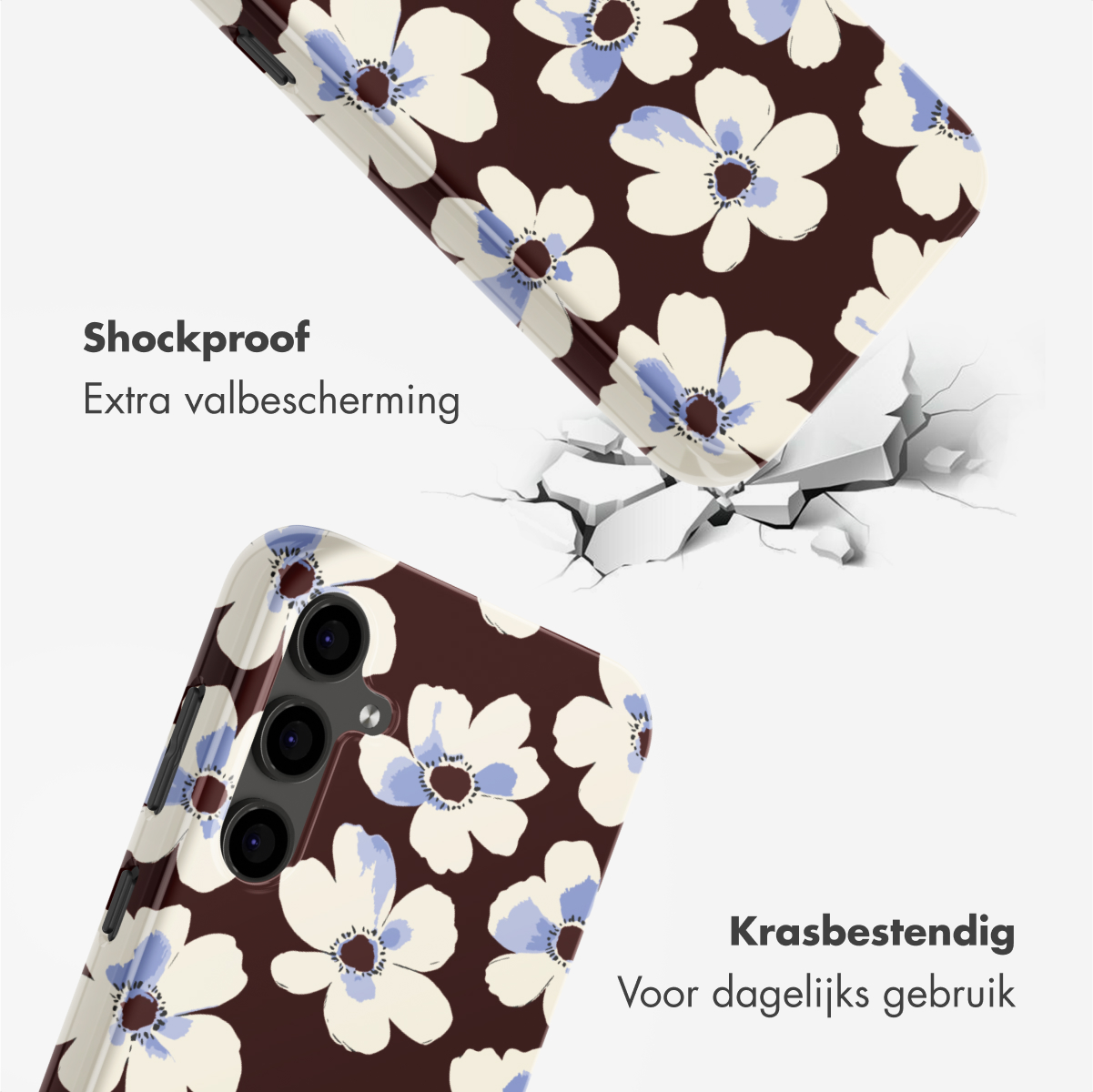 Deux coques de téléphone avec des motifs floraux. L'une perce une surface. Le texte dit 'Antichoc' et 'Résistant aux rayures'.