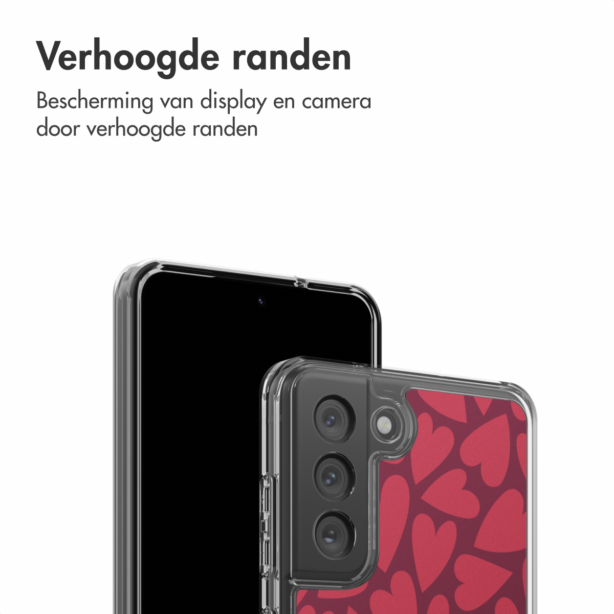 Uno smartphone con una custodia trasparente, con un motivo a cuori rossi. Il display del telefono è nero. Il testo in alto recita 'bordi rialzati'.