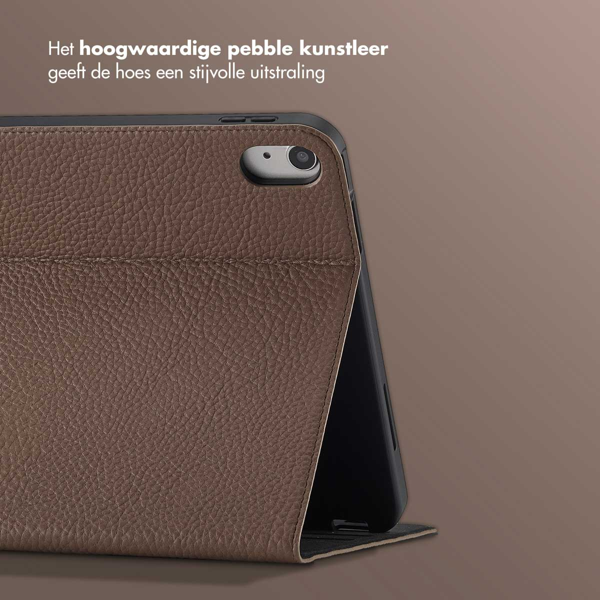Brown leather case with a tablet inside. The case has a textured surface. The background is a solid brown color.