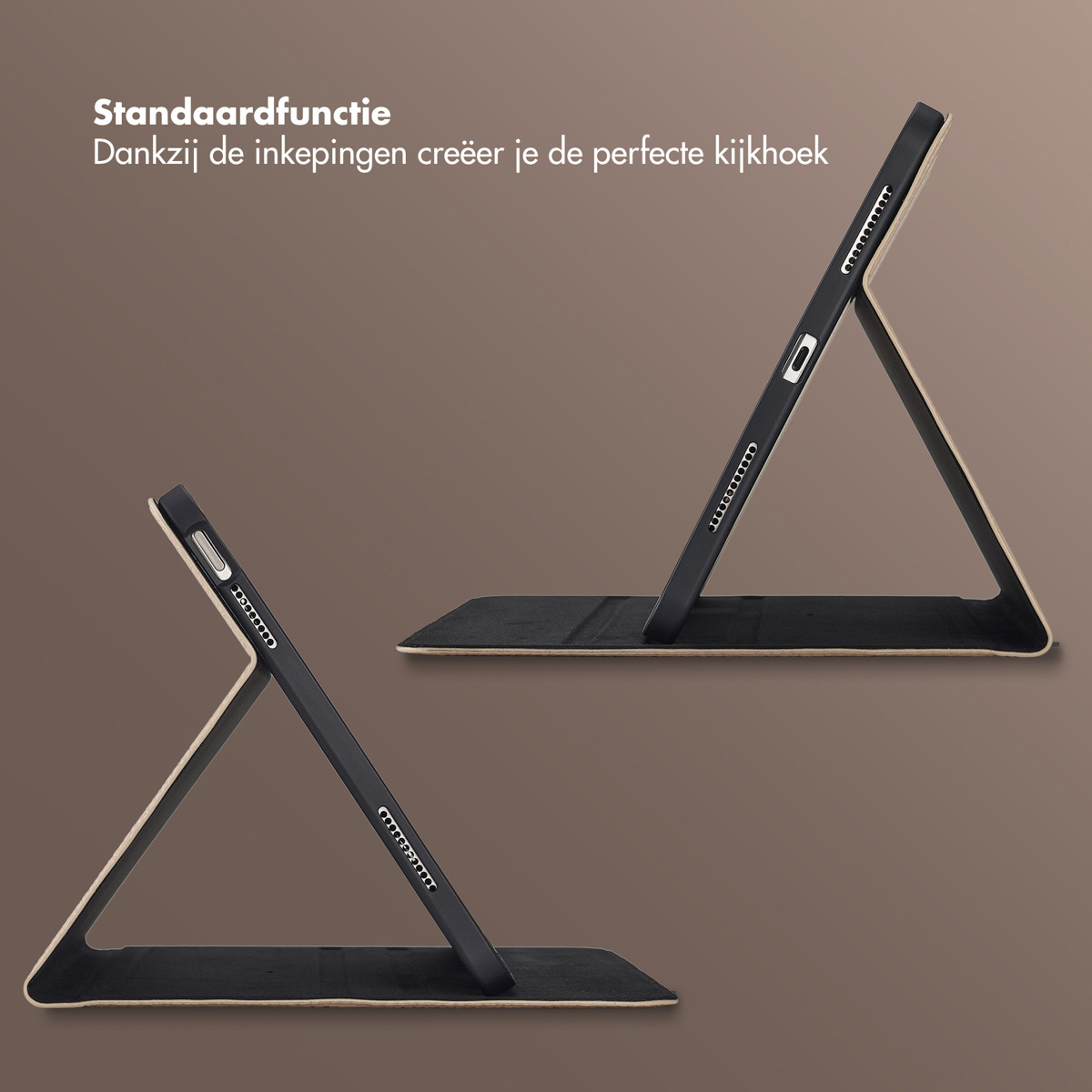 Two black tablet cases are displayed, one propped up, the other flat. The cases have a beige inner lining and are on a brown background.
