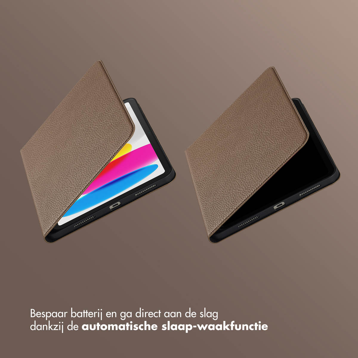 Two brown tablet covers open. One shows a colorful screen, the other is black. Text below reads: Save battery with auto sleep-wake.