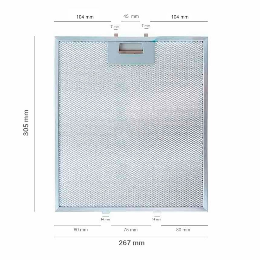 Un filtro metálico rectangular con dimensiones. Tiene un asa en la parte superior y las dimensiones están etiquetadas en los bordes.