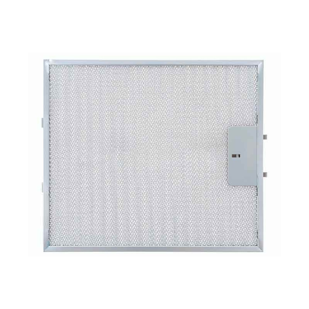 Un filtro rectangular de metal para campana extractora, con una malla fina y una pequeña pestaña rectangular en el lado derecho.