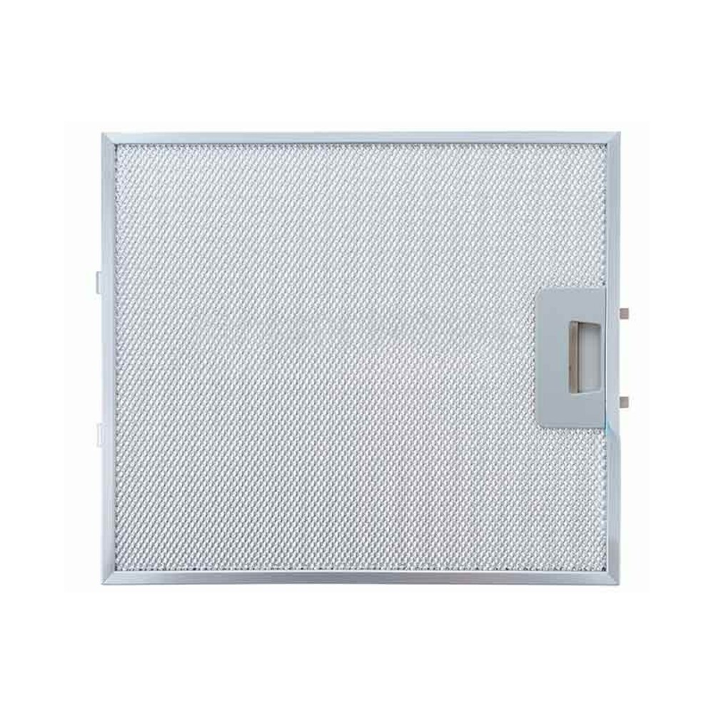 Un filtro metálico rectangular con un patrón de malla. Tiene un asa en el lado derecho y un marco plateado.