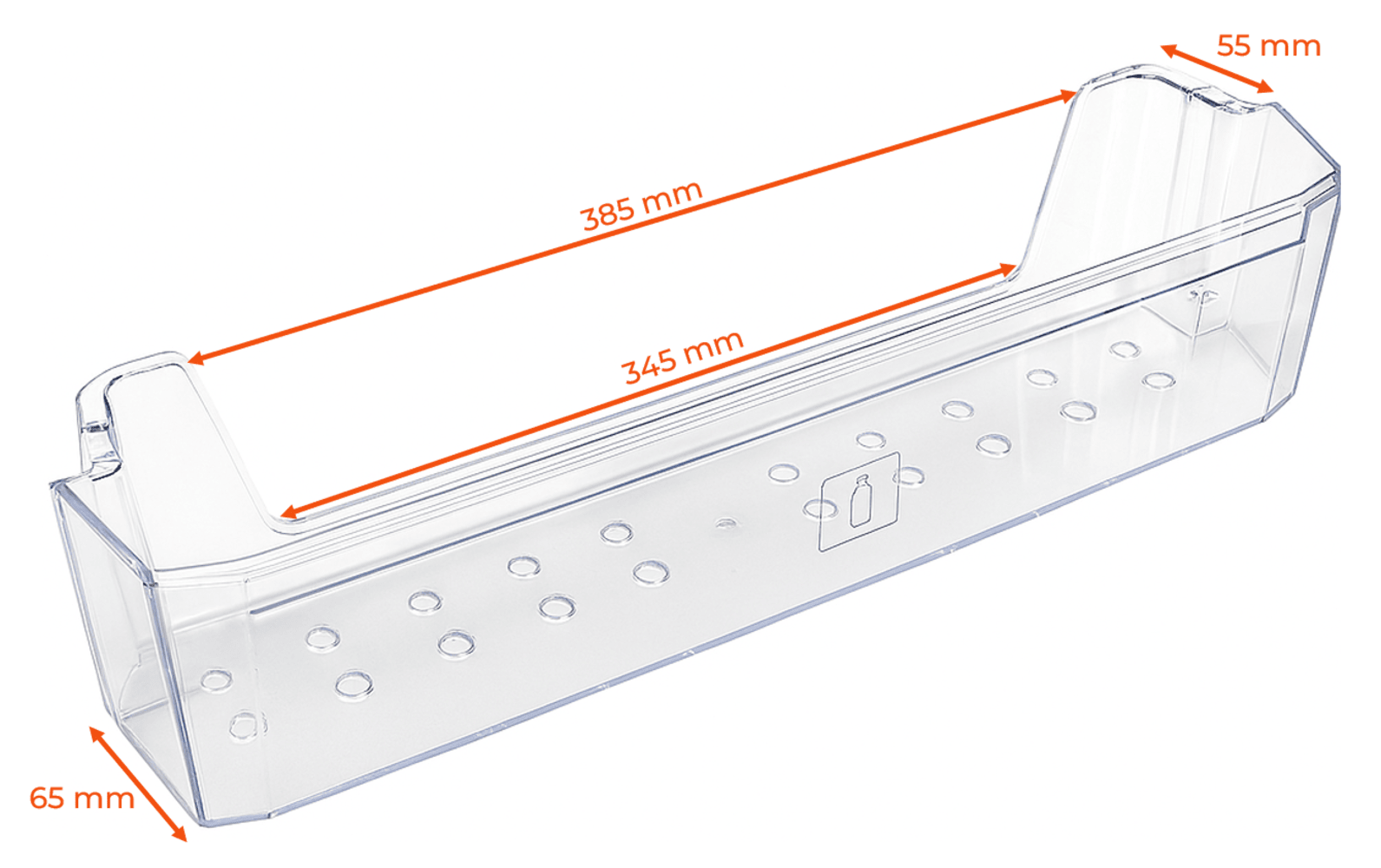 Estante transparente de plástico para refrigerador con dimensiones etiquetadas. Tiene agujeros y un icono de botella. Medidas: 385 mm, 345 mm, 65 mm, 55 mm.