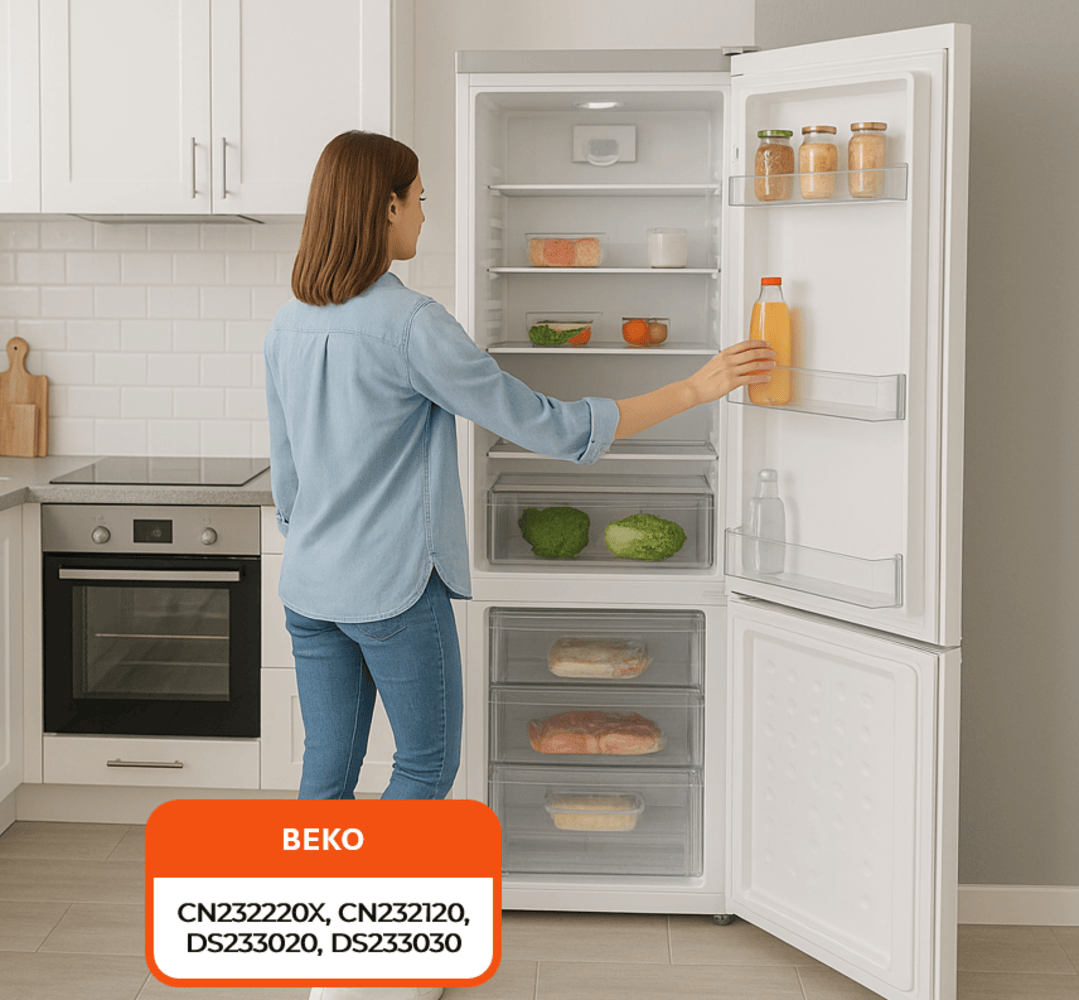 Una mujer abre un refrigerador. En su interior hay frutas, verduras y botellas. La puerta del refrigerador está abierta.