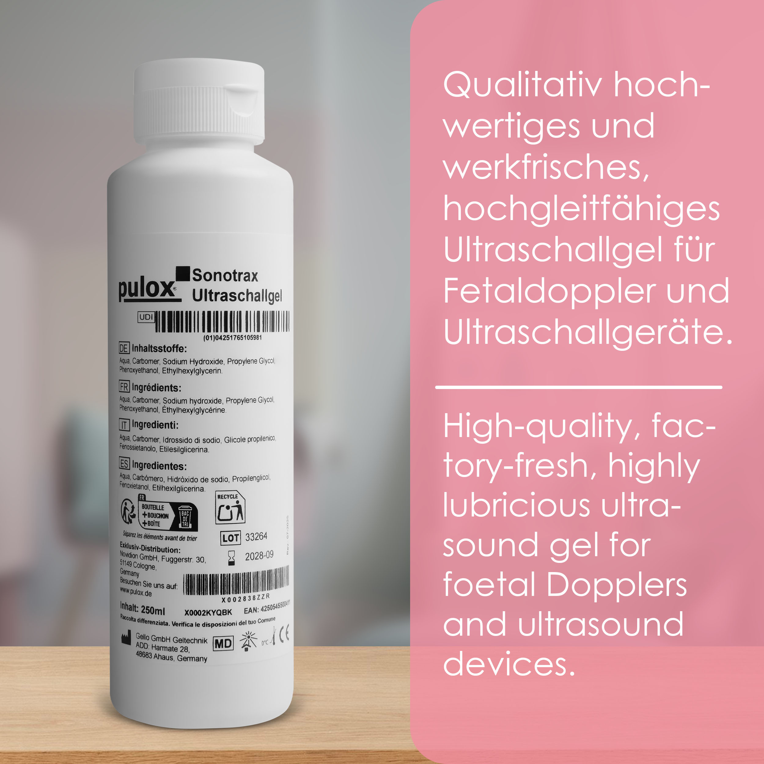 Weiße Pulox Sonotrax Ultraschallgel-Flasche auf Holztisch. Text auf rosa Hintergrund beschreibt das Produkt.