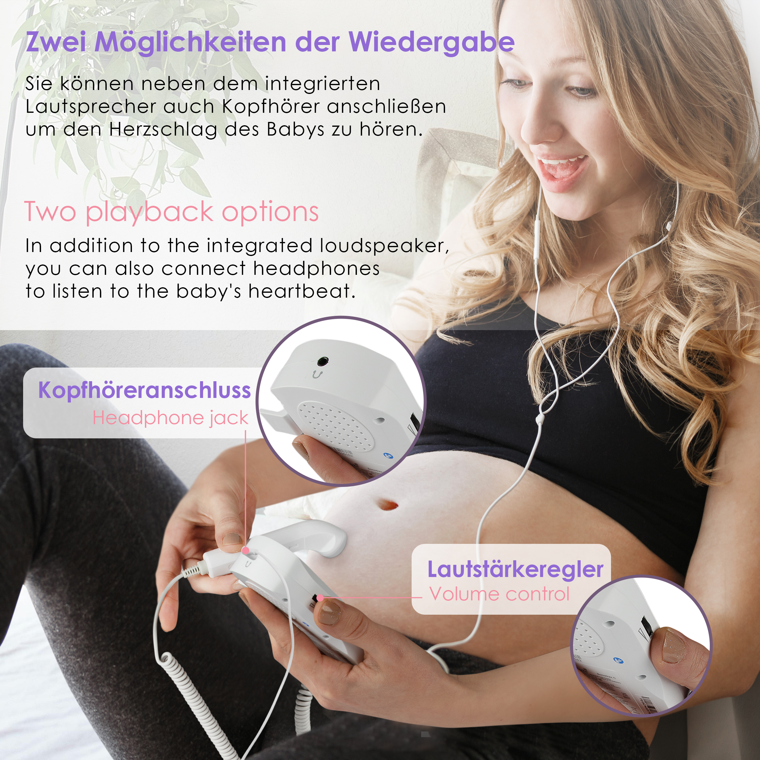 Schwangere Frau mit Kopfhörern, die an ein fetales Dopplergerät angeschlossen sind. Sie lächelt und hält das Gerät auf ihrem Bauch.