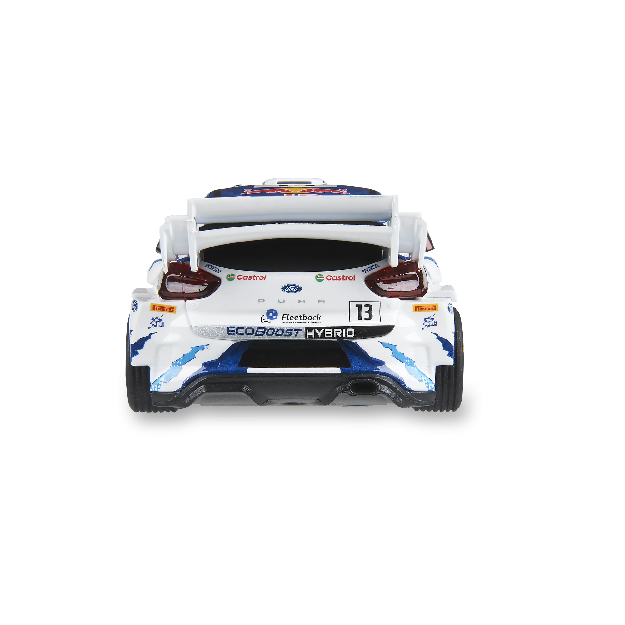 Un coche de carreras blanco y azul, número 13, con logotipos de patrocinadores. El coche es un Ford Puma Hybrid. El fondo es blanco.