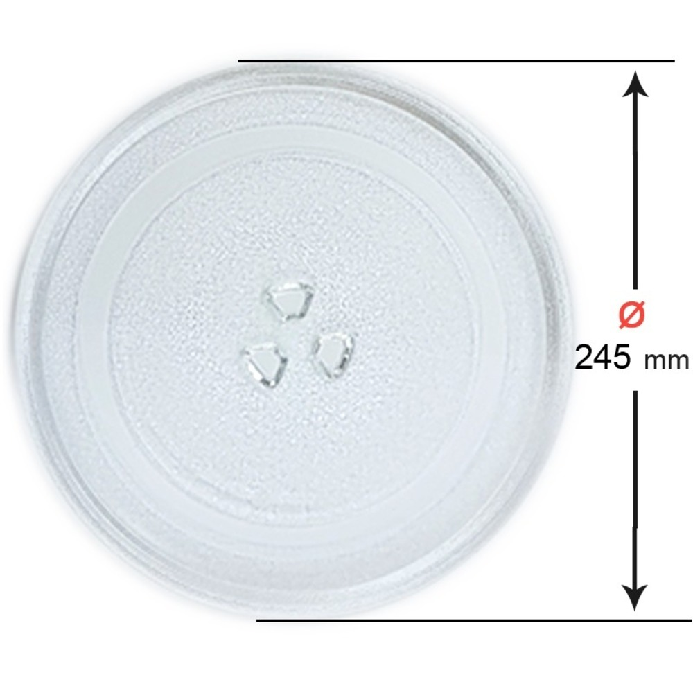 Una placa de microondas de vidrio transparente con tres pequeños pies en forma de triángulo. El diámetro es de 245 mm, indicado por una flecha de medición.