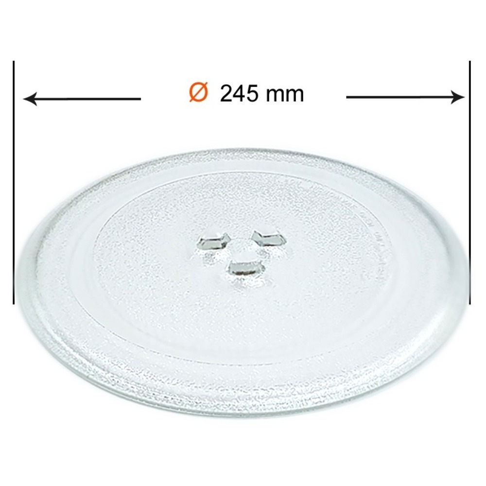 Un plato de microondas de vidrio transparente con tres pequeños soportes. Diámetro marcado como 245 mm con flechas.