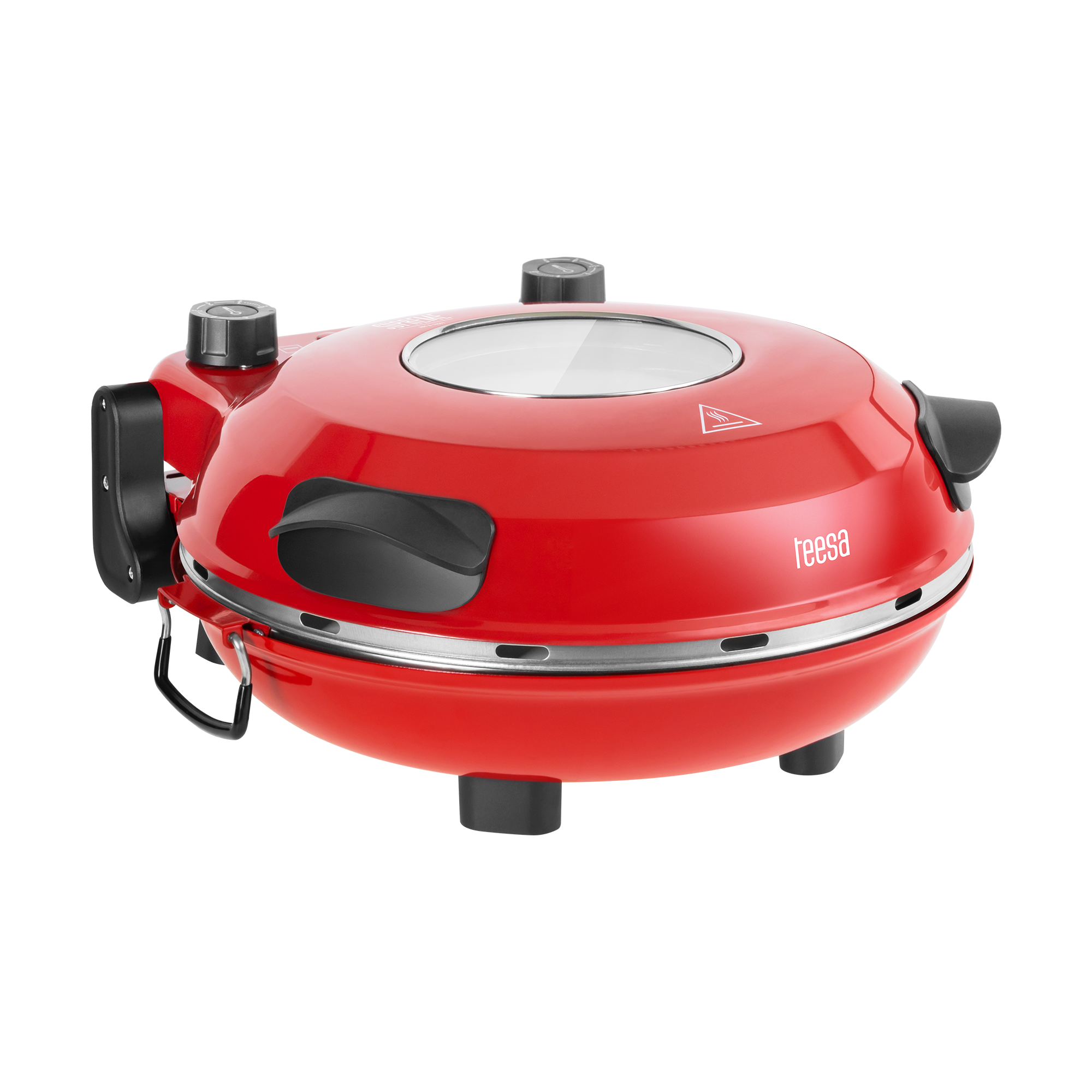 Czerwony piec do pizzy z czarnymi uchwytami i pokrętłami. Ma szklane okno i markę 'teesa'.