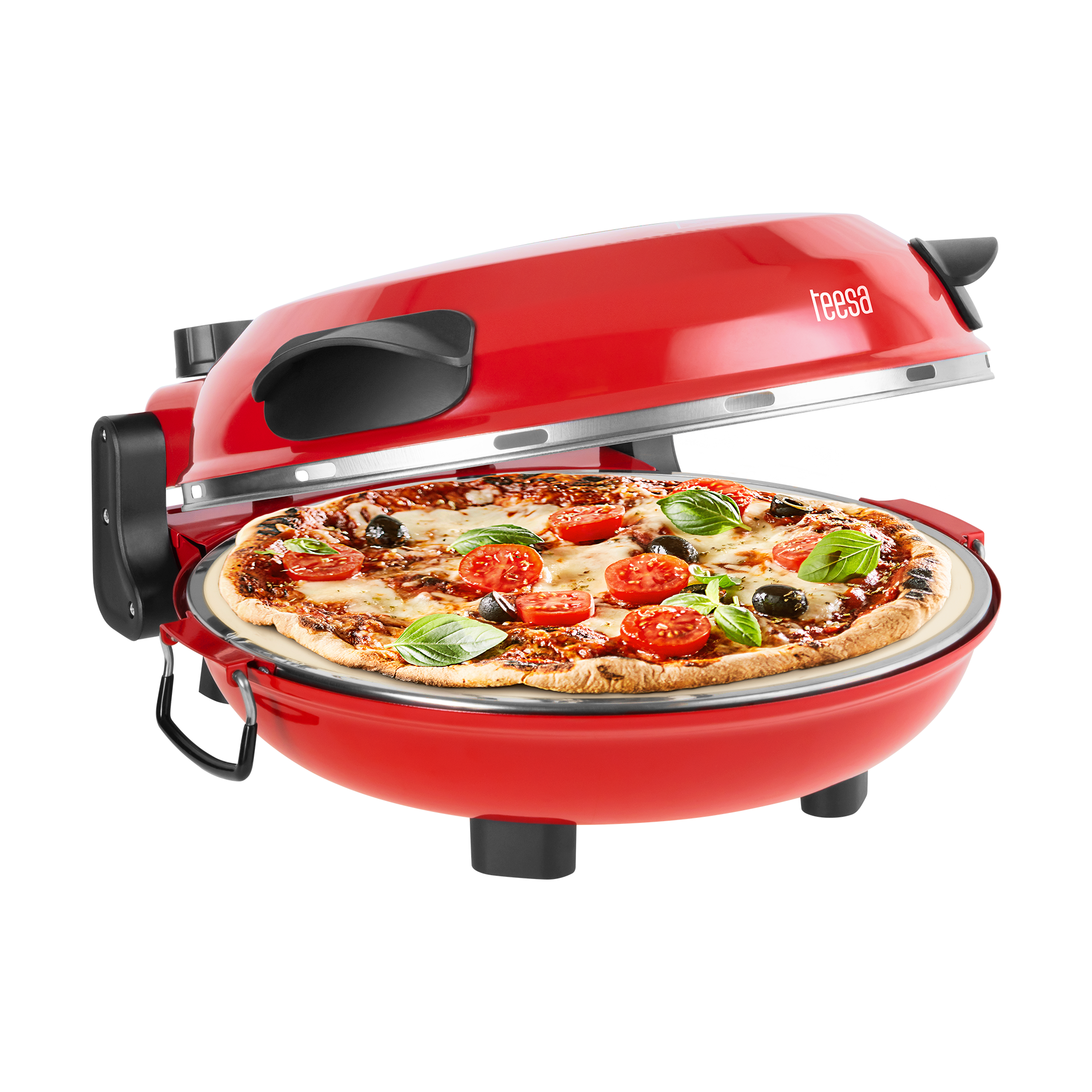 Czerwony piec do pizzy z pizzą. Pizza ma pomidory, oliwki i bazylię. Piekarnik ma czarny uchwyt i nazwę marki.