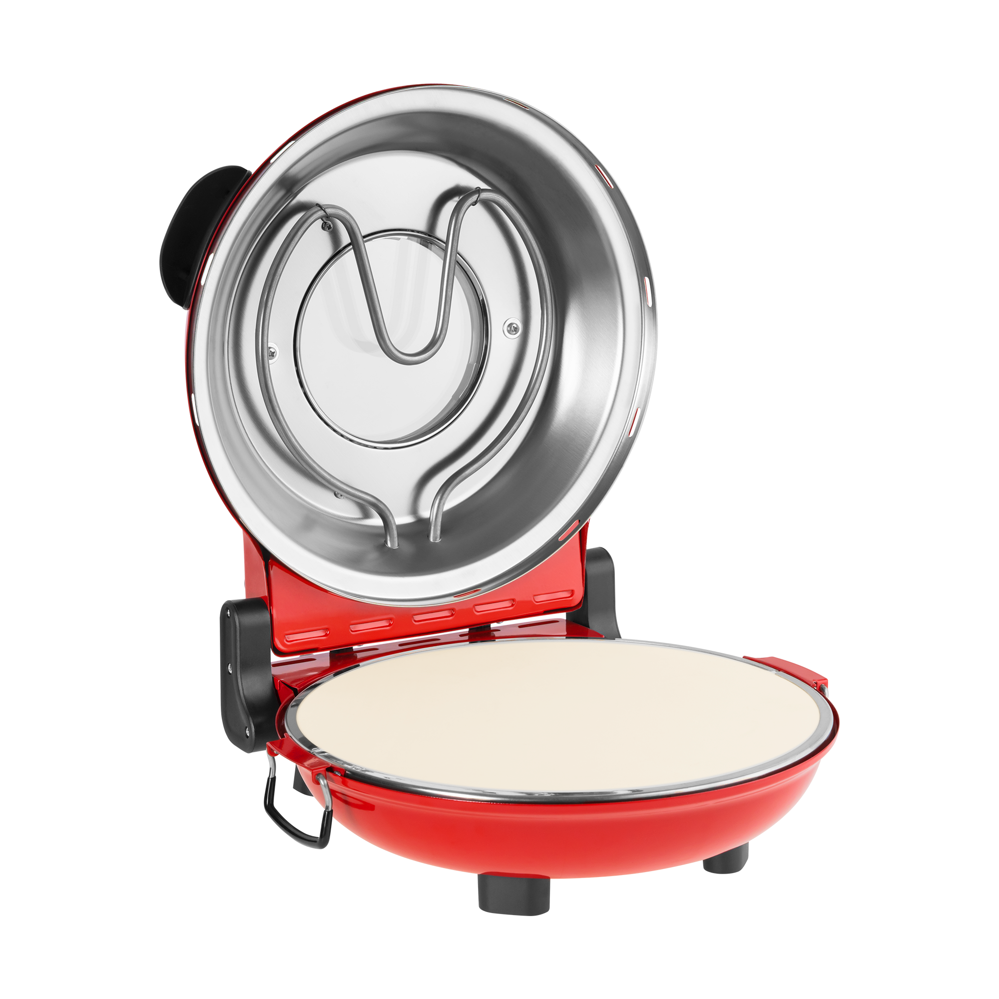 Czerwony ekspres do pizzy, otwarty. Posiada ceramiczną podstawę i element grzejny ze stali nierdzewnej. Widoczny czarny uchwyt i nóżki.