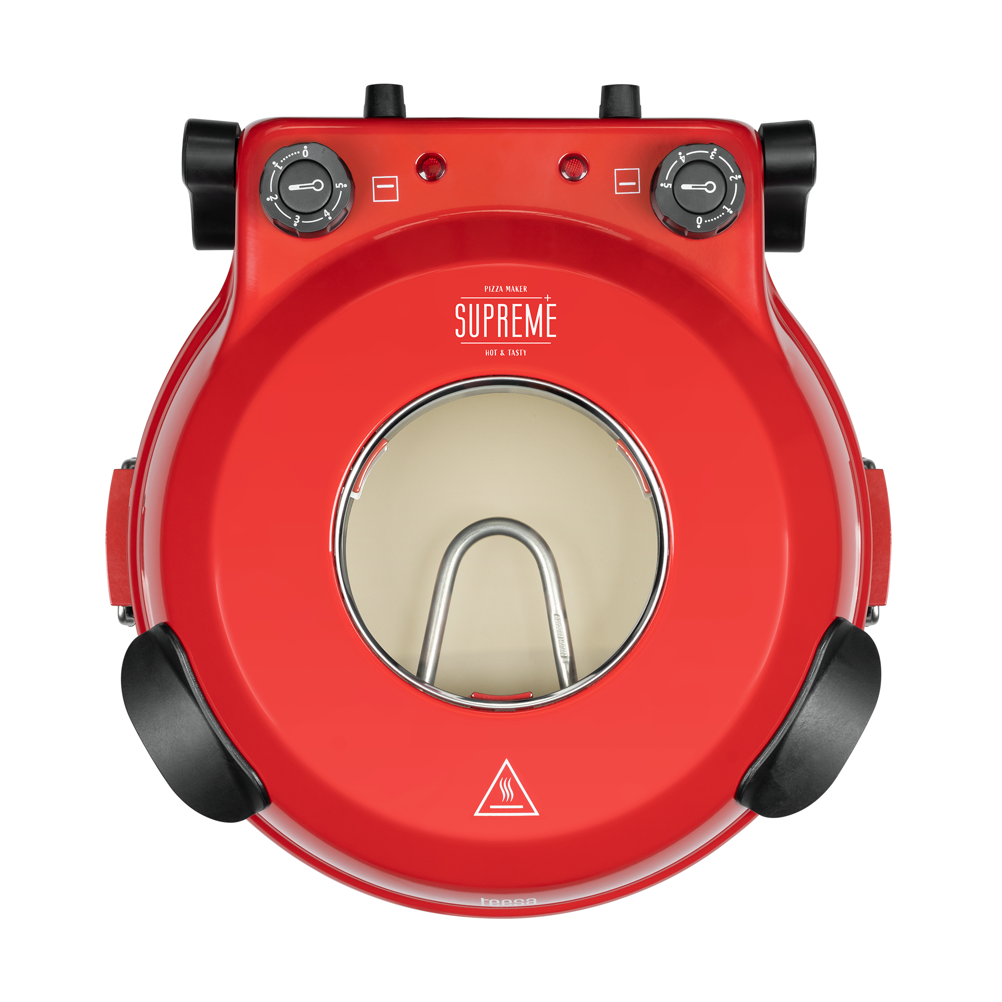 Widok z góry na czerwoną maszynę do pizzy z czarnymi uchwytami i pokrętłami. Ma centralny otwór z elementem grzejnym.