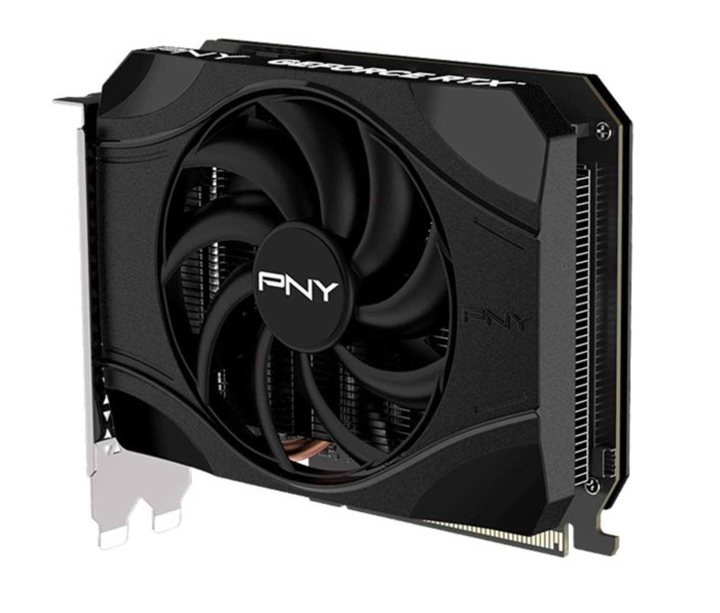 A black PNY graphics card with a large fan. The card has a black casing and a silver bracket. The PNY logo is visible.