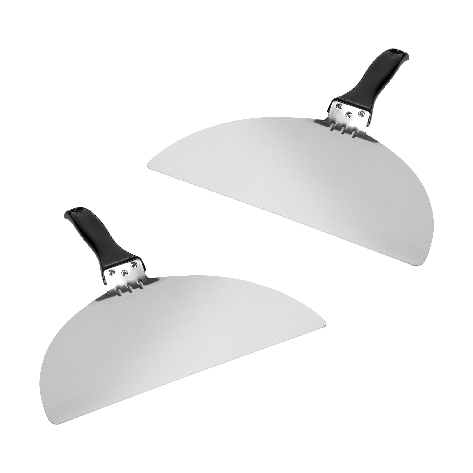 Dwie metalowe łopatki do pizzy z czarnymi uchwytami na przezroczystym tle.