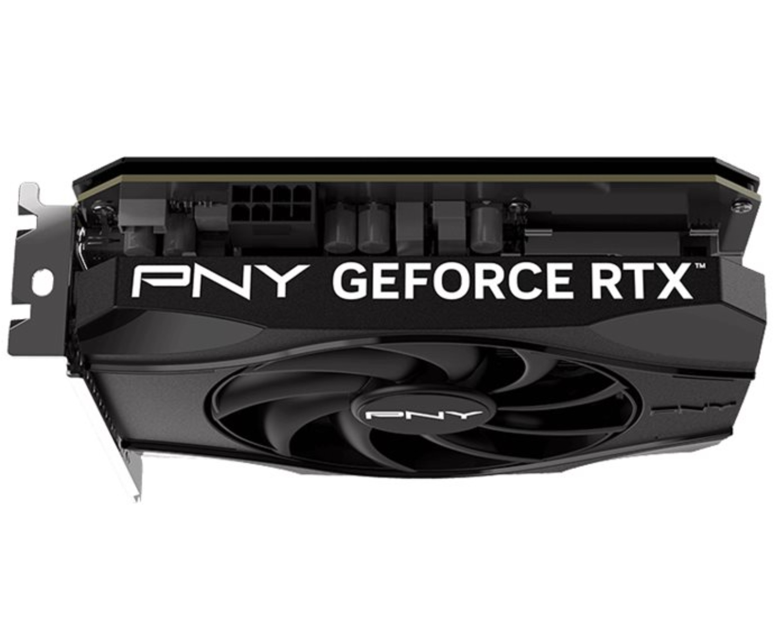 Black PNY GeForce RTX graphics card. It has a fan, the PNY logo, and the RTX branding. The card's design is angular.