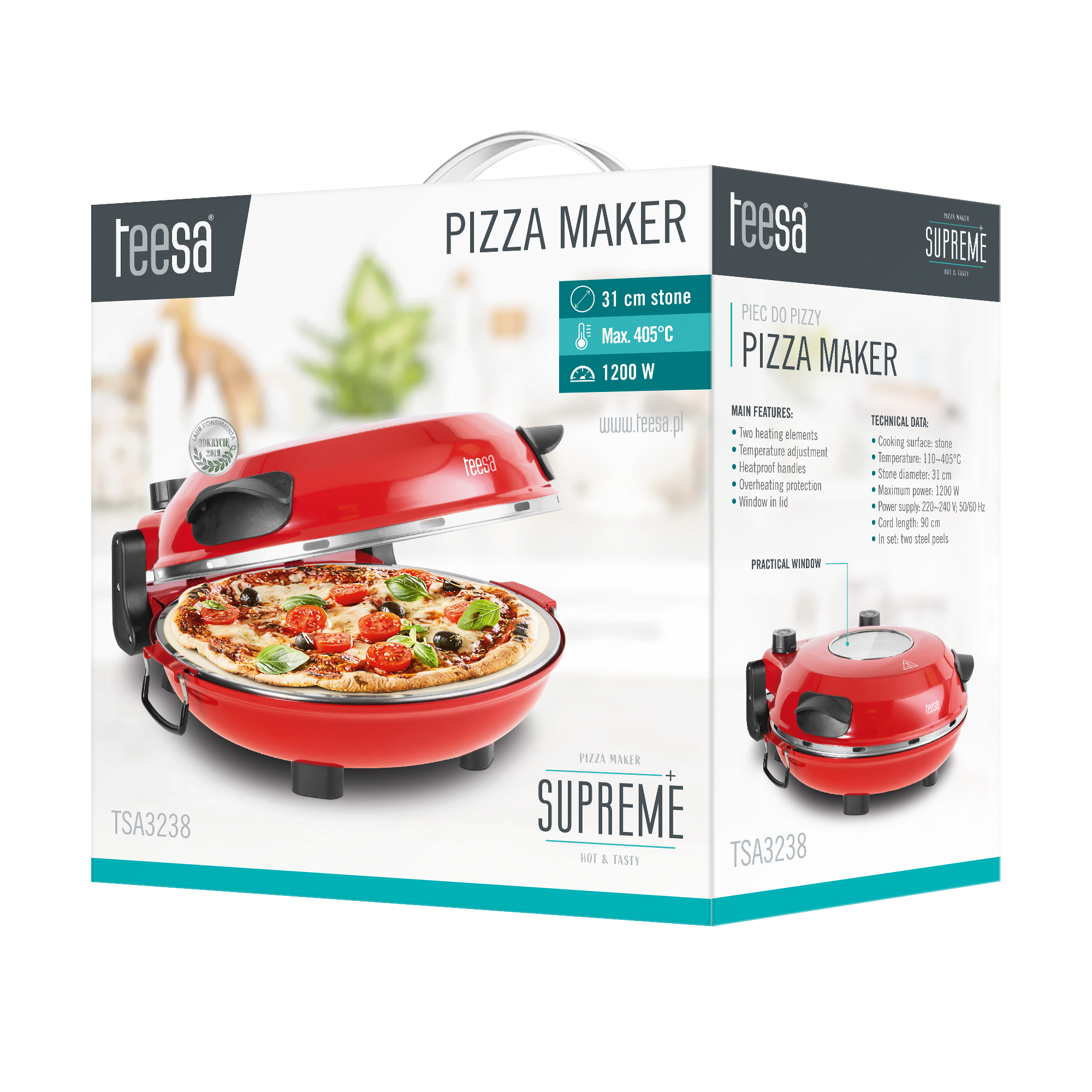 Czerwona maszyna do pizzy z pizzą w środku, na białym pudełku z tekstem i mniejszym zdjęciem tej samej maszyny.