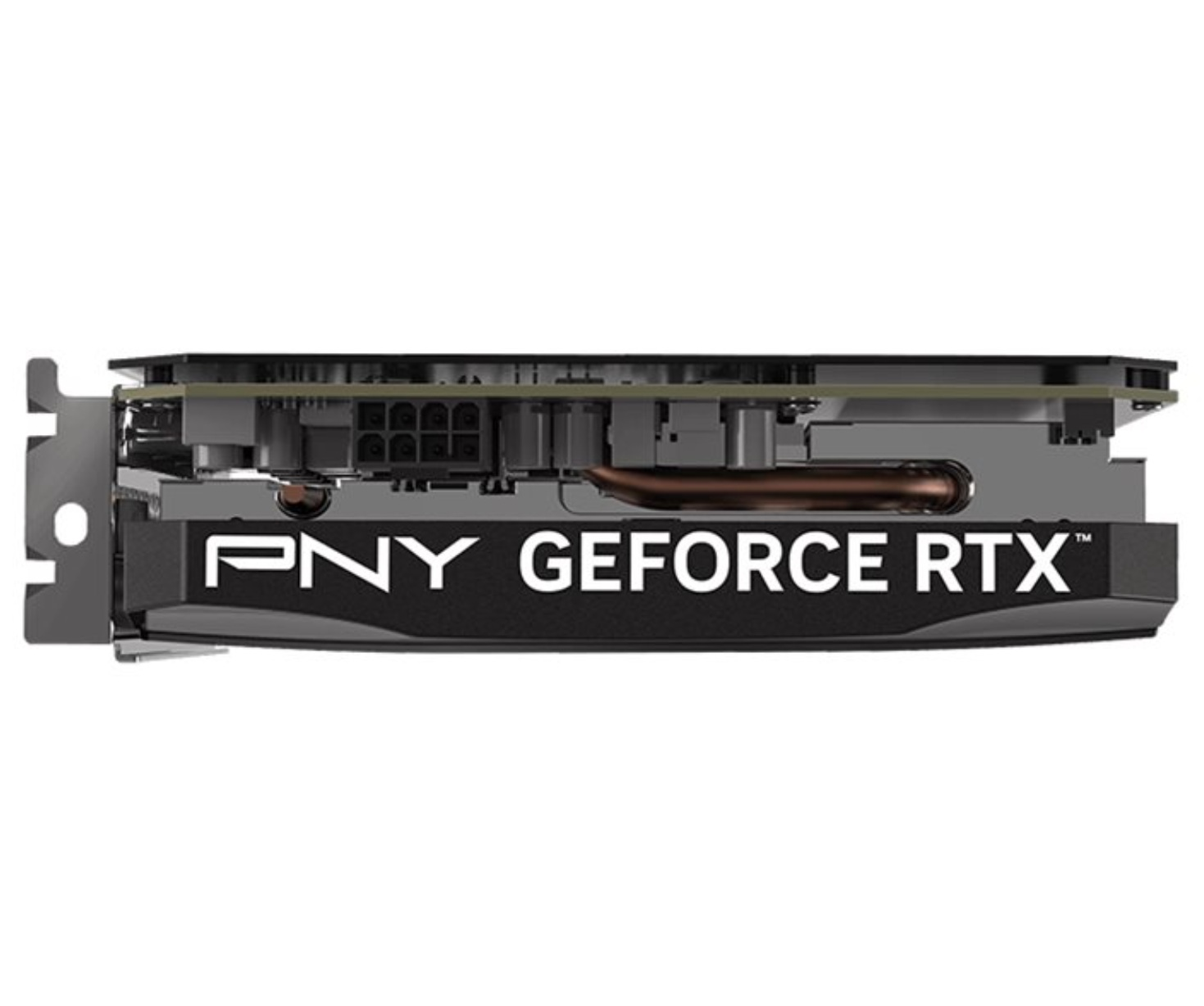 A PNY GeForce RTX graphics card. It has black and gray components, with the brand name prominently displayed.