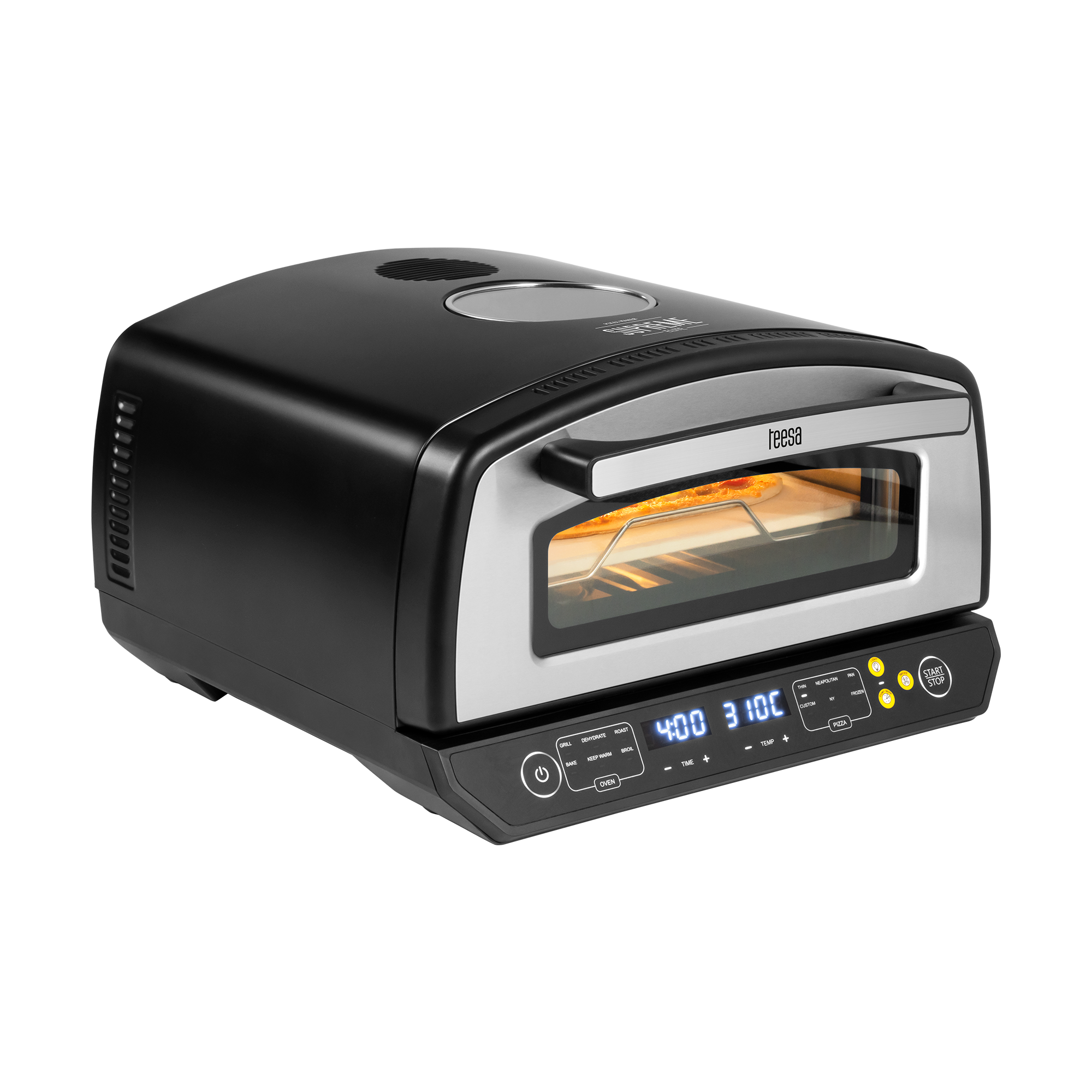 Czarny i srebrny piec do pizzy z cyfrowym wyświetlaczem czasu i temperatury. Pizza w środku.