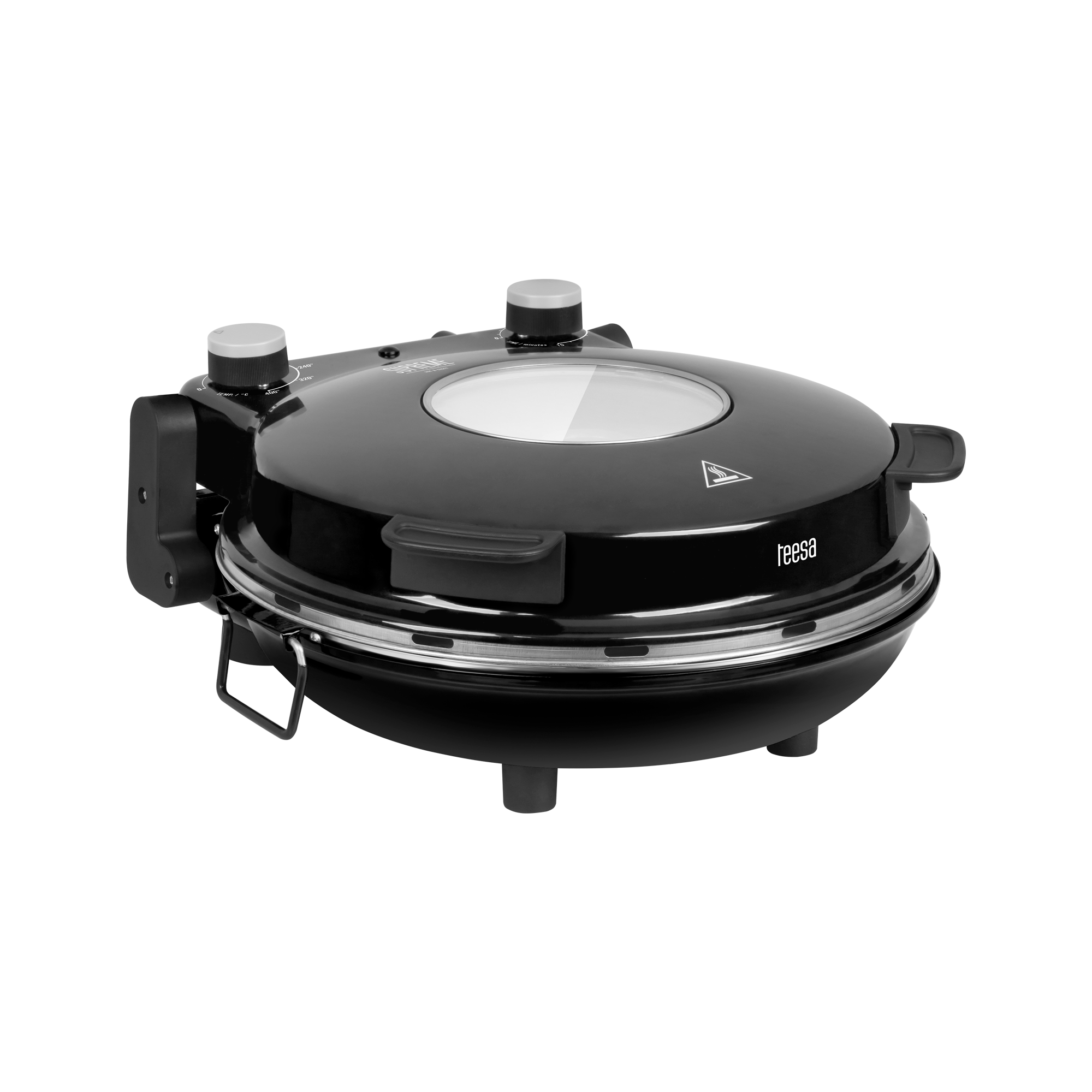 Czarny piec do pizzy Teesa. Posiada szklaną pokrywę, pokrętła do regulacji temperatury i czasu oraz uchwyt. Logo jest z boku.