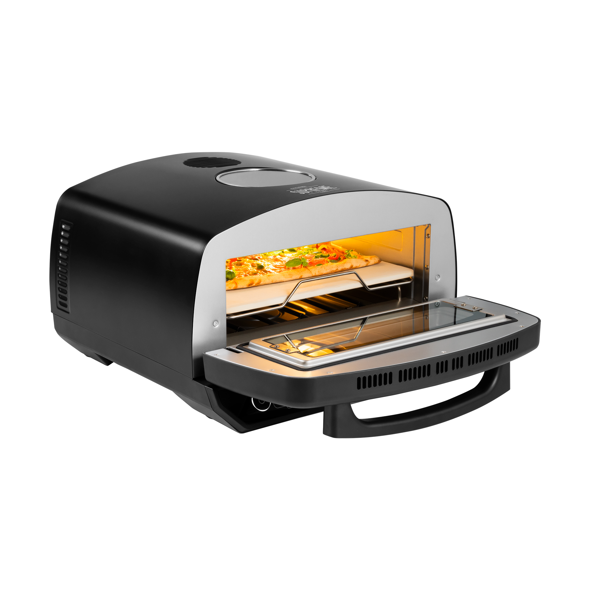 Czarny piec do pizzy z otwartymi drzwiami, pokazujący pizzę na kamiennej podstawie. Piekarnik jest na białym tle.