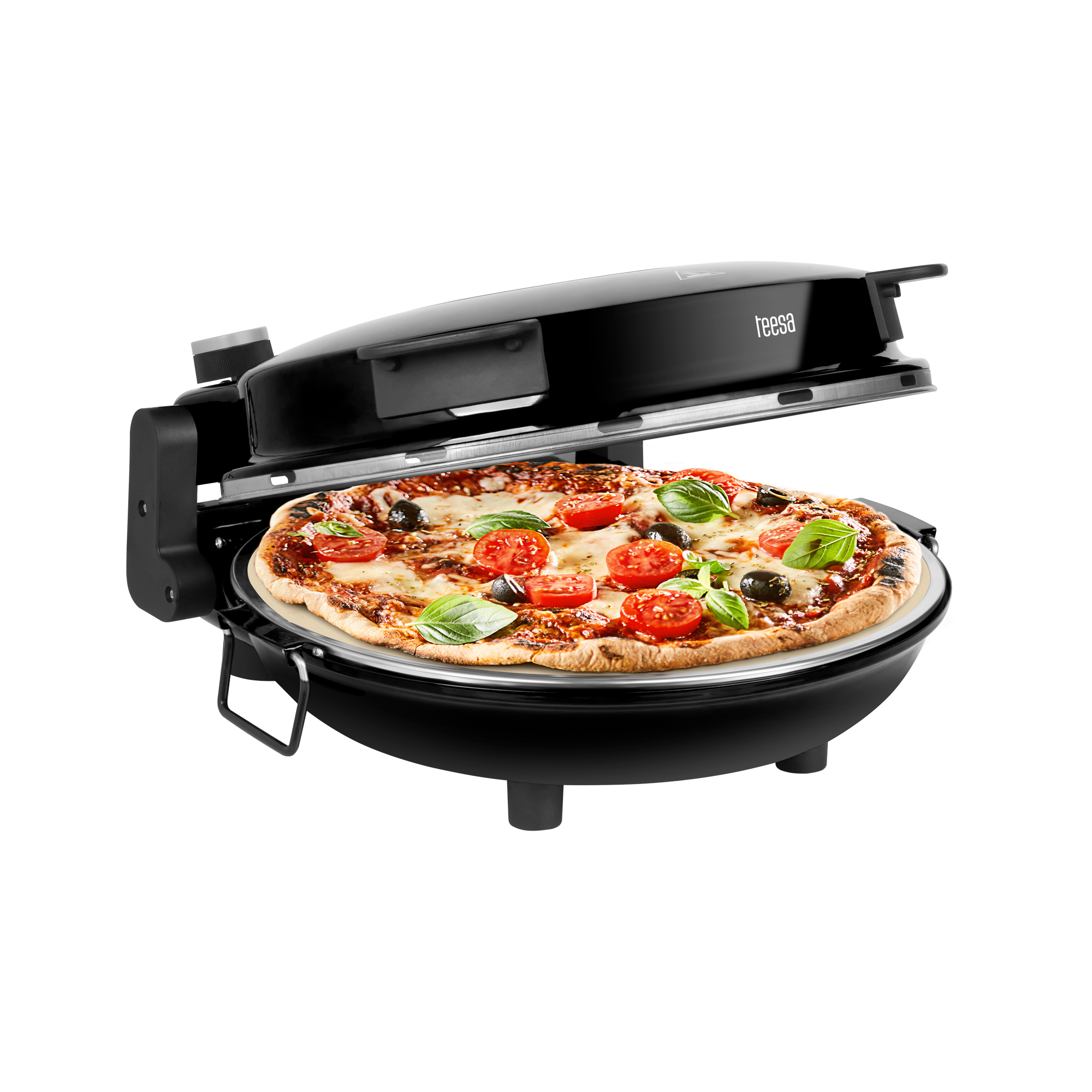 Pizza w czarnym piekarniku. Ma pomidory, oliwki i bazylię. Piekarnik jest otwarty.