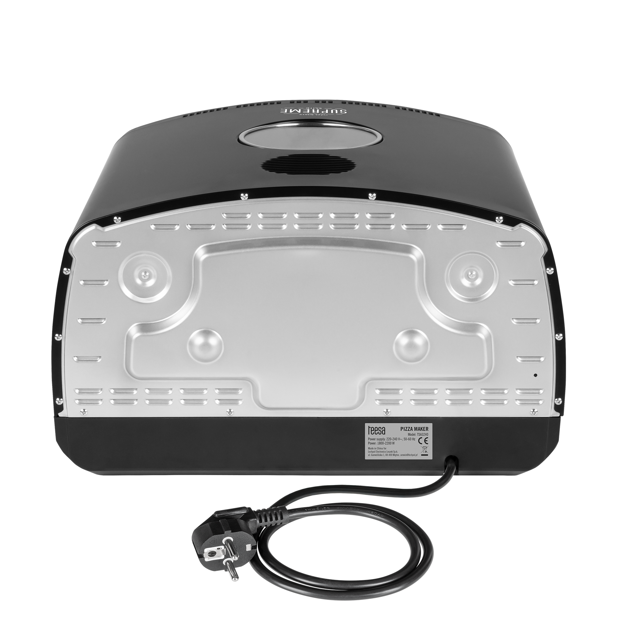 Czarny ekspres do pizzy, widok od dołu, ze srebrnym wnętrzem i przewodem zasilającym.