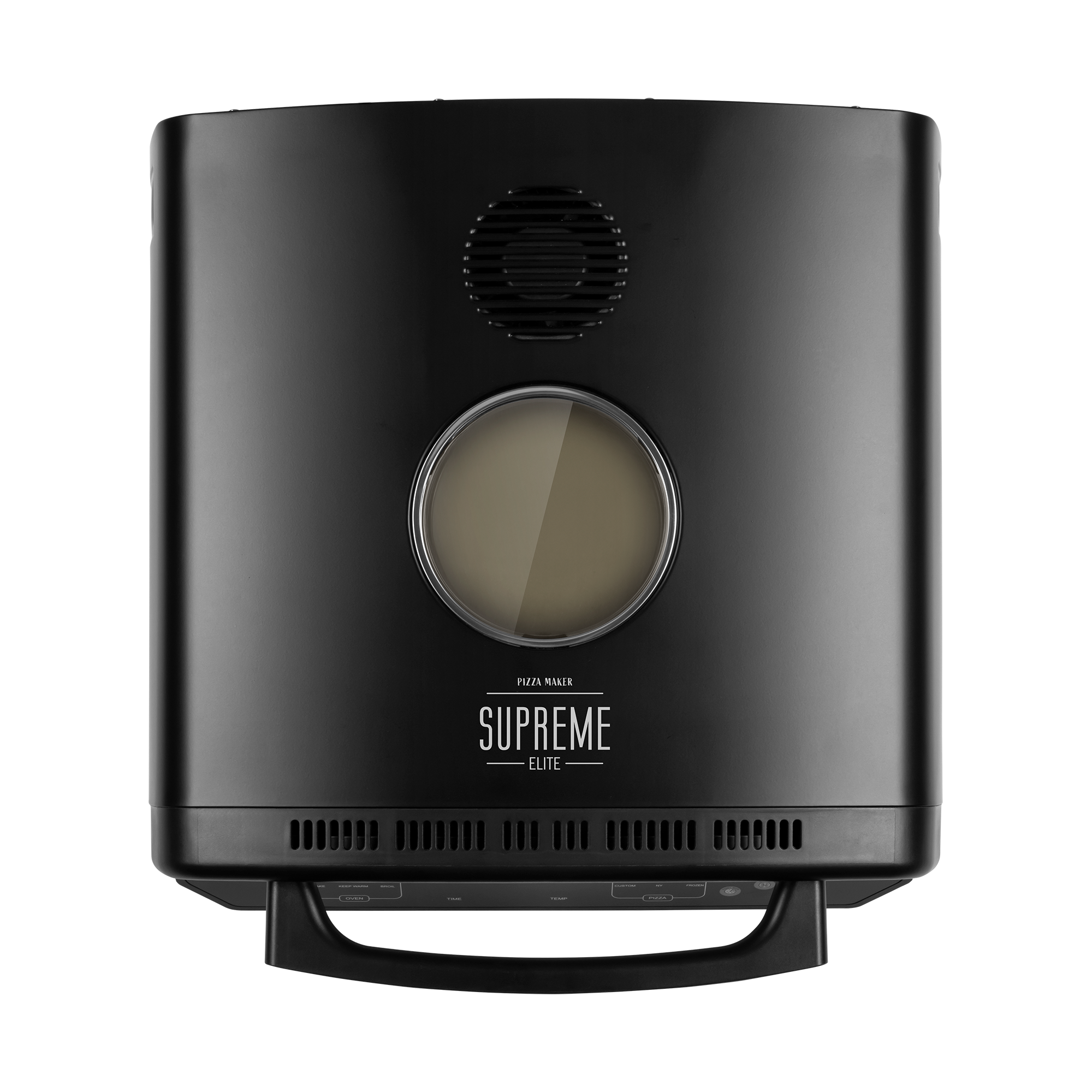Czarny automat do pizzy z okrągłym oknem. Posiada napis 'SUPREME ELITE' i przyciski sterowania.