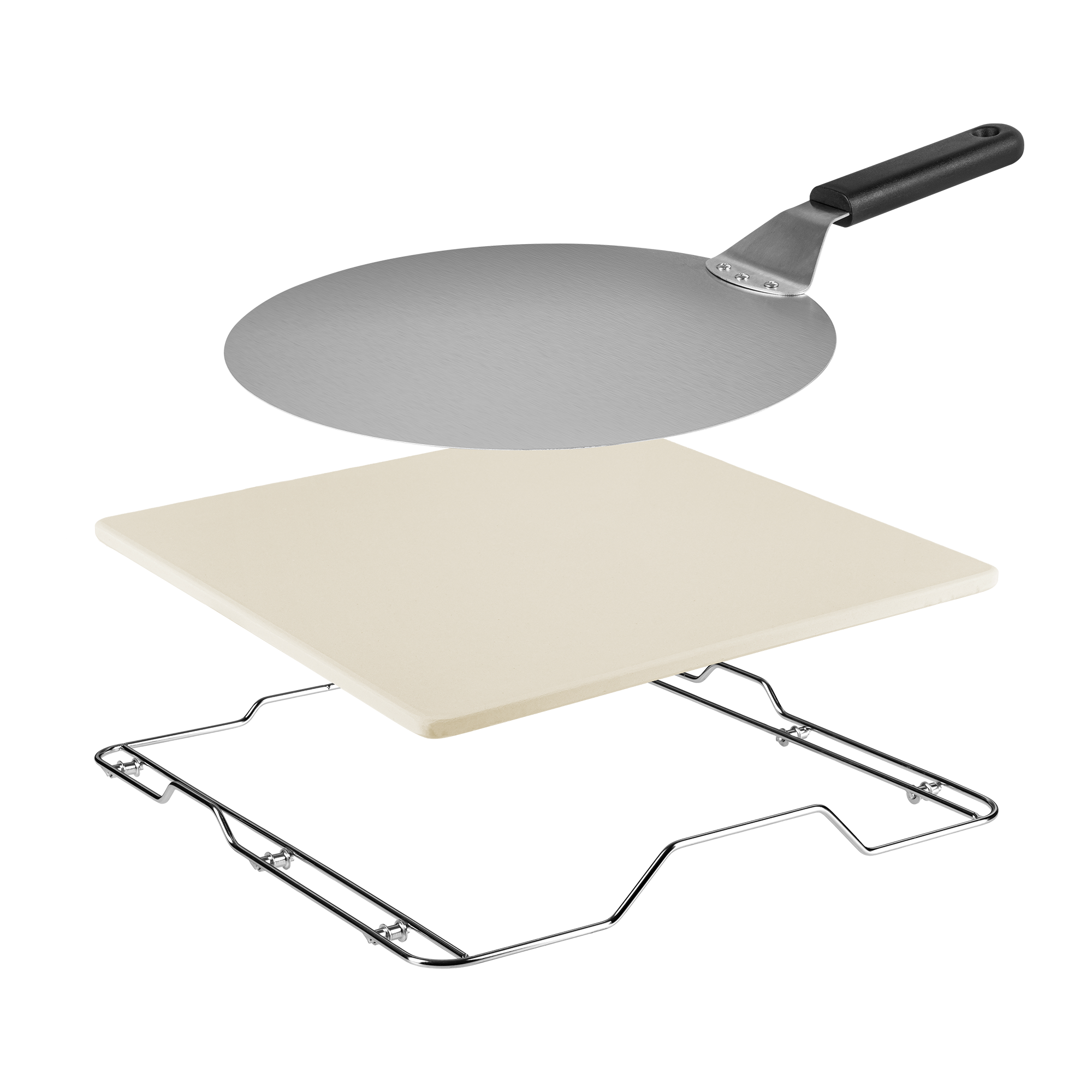 Zestaw kamienia do pizzy z łopatą do pizzy i metalowym stojakiem, wszystko na białej powierzchni. Kamień do pizzy jest beżowy.