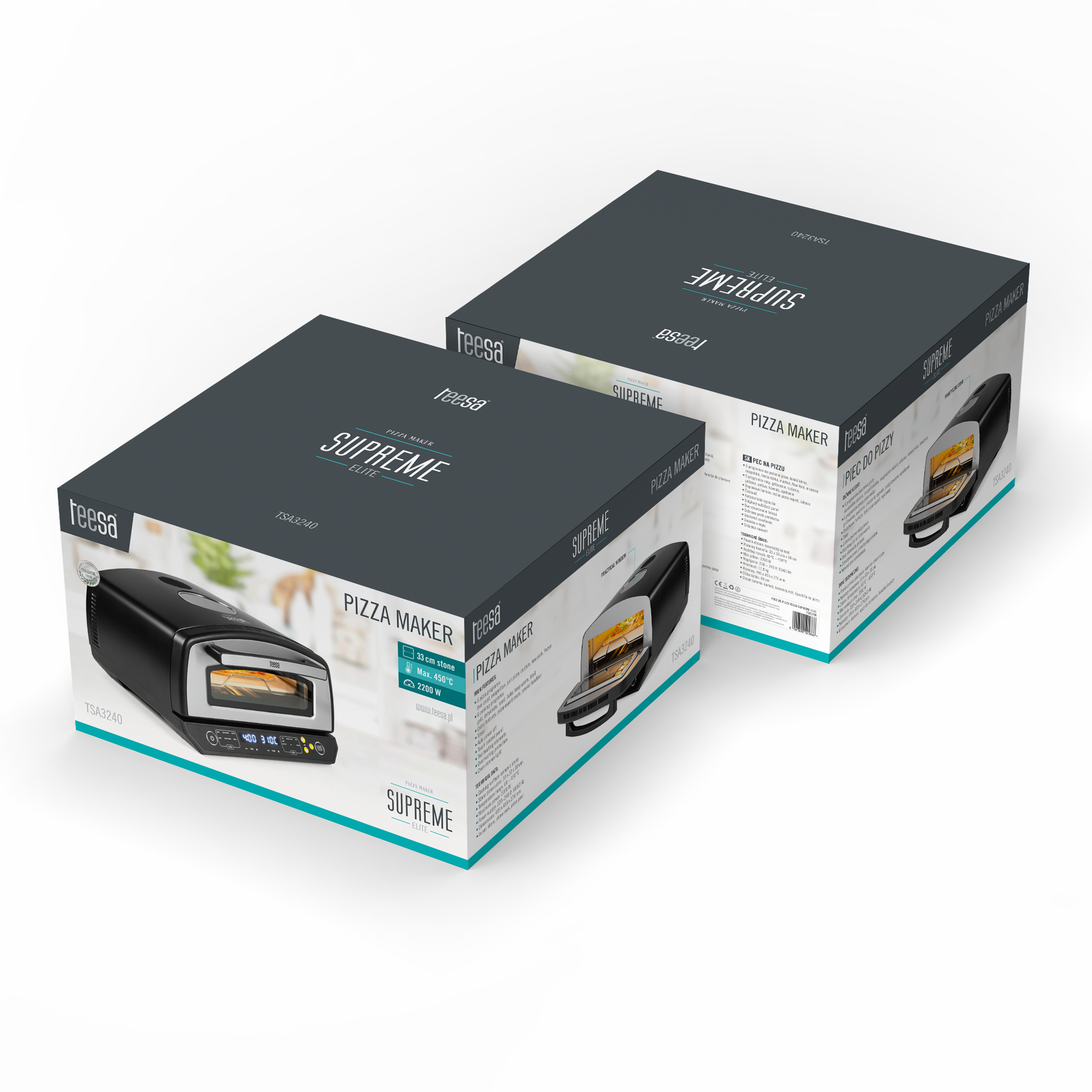 Dwa pudełka do pizzy, marki 'Teesa Supreme Elite'. Jedno pokazuje piec, drugie szczegóły jego funkcji.