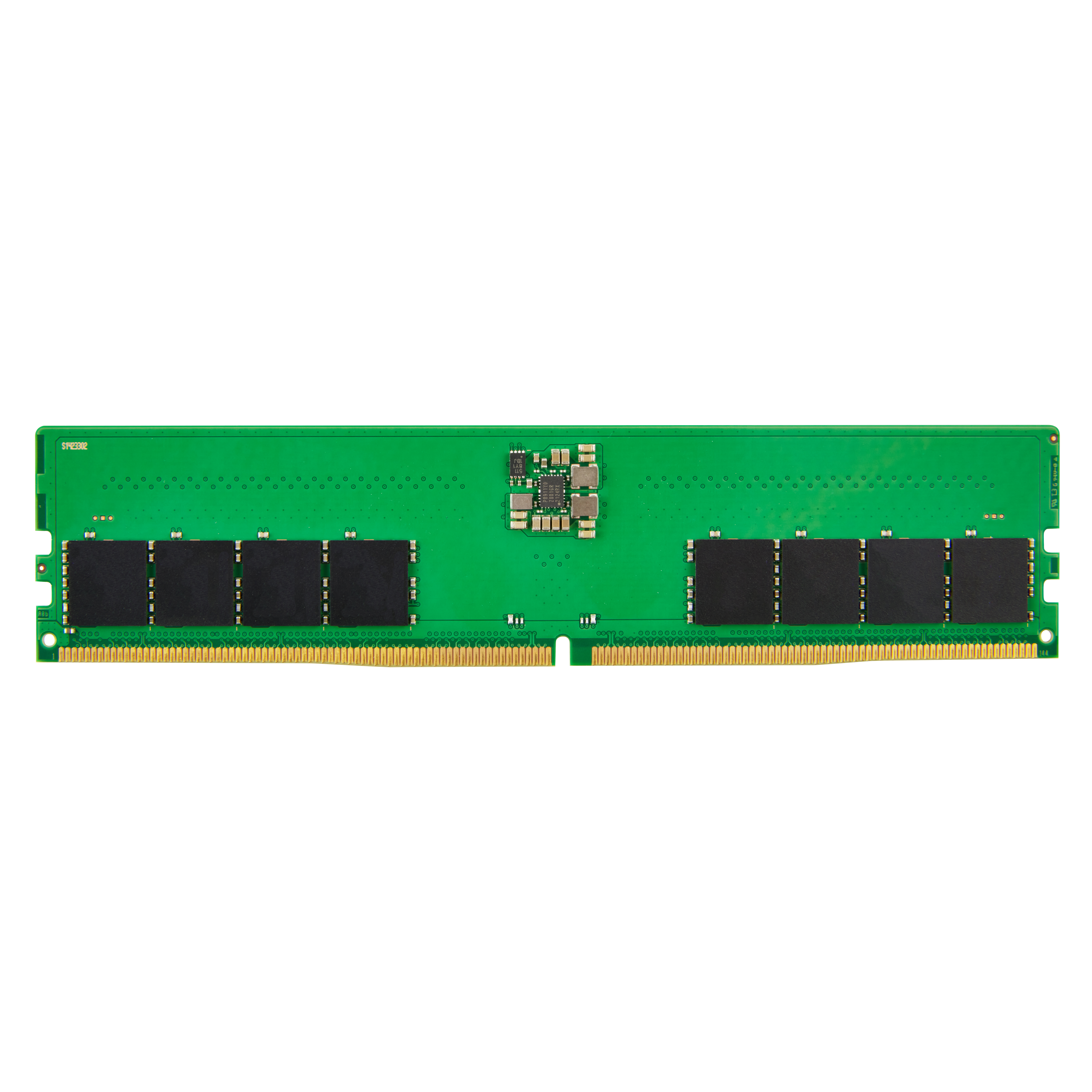 Un modulo RAM verde, con chip neri, connettori dorati e piccoli componenti elettronici, su sfondo bianco.