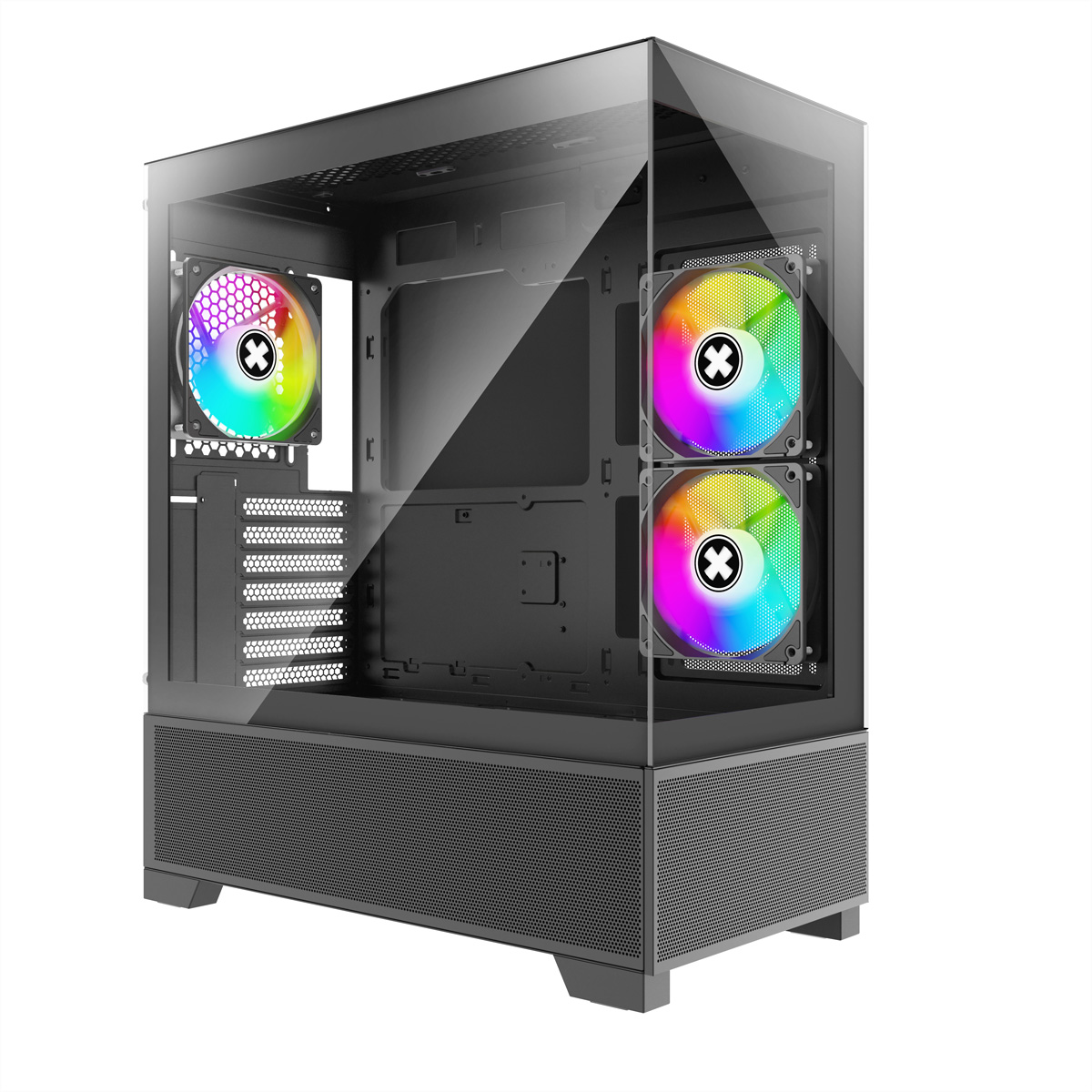 Zwarte computerkast met glazen paneel, kleurrijke ventilatoren en mesh voorkant. De ventilatoren hebben een X-logo.