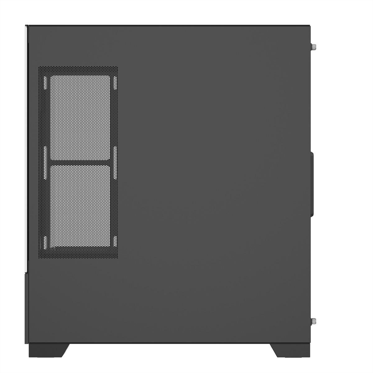 Een donkergrijze computerkast wordt in profiel getoond. Het heeft een zijpaneel van gaas en een dichte deur. Het staat op een witte achtergrond.