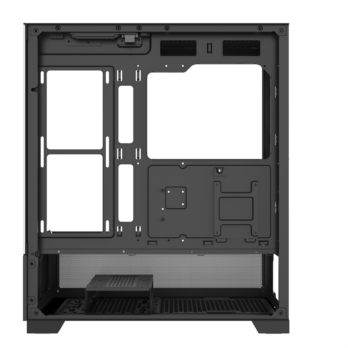 Zwarte binnenkant van een computerkast. Het heeft rechthoekige openingen, een gaasbodem en een drive bay. De kast is leeg.