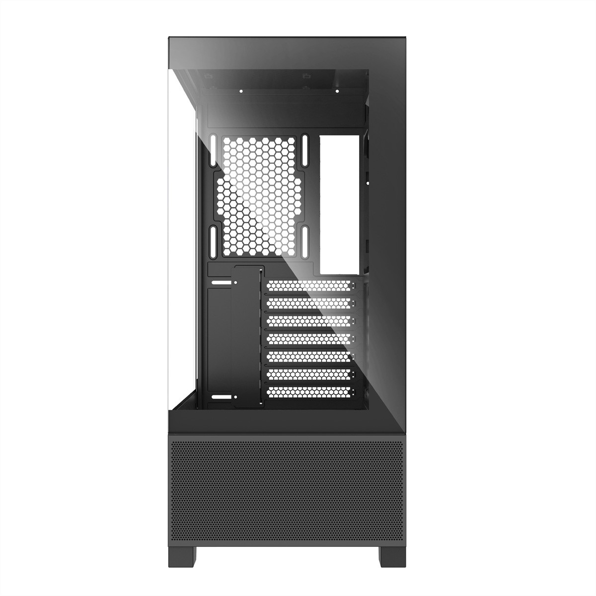 Een zwarte computerkast met een glazen zijpaneel. Het heeft een honingraatpatroon en horizontale lijnen voor ventilatie.