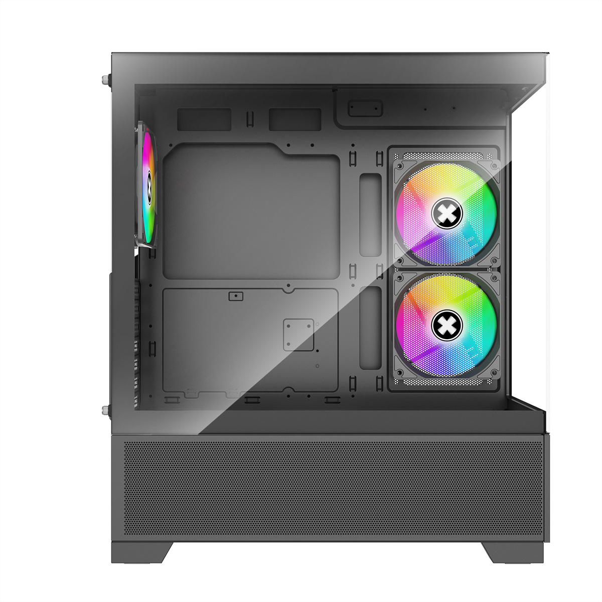 Een computerkast met glazen zijpaneel. Twee kleurrijke ventilatoren zijn zichtbaar. De kast is zwart met geperforeerde voorkant en interne componenten.
