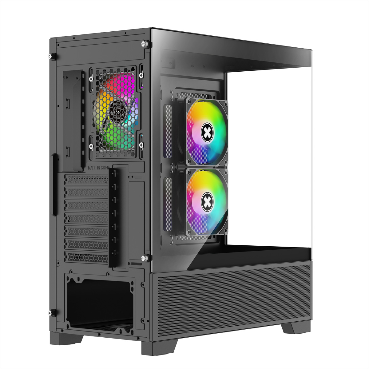 Een computerkast wordt getoond, met ventilatoren die regenboogkleuren weergeven. De kast is zwart met een glazen zijpaneel.