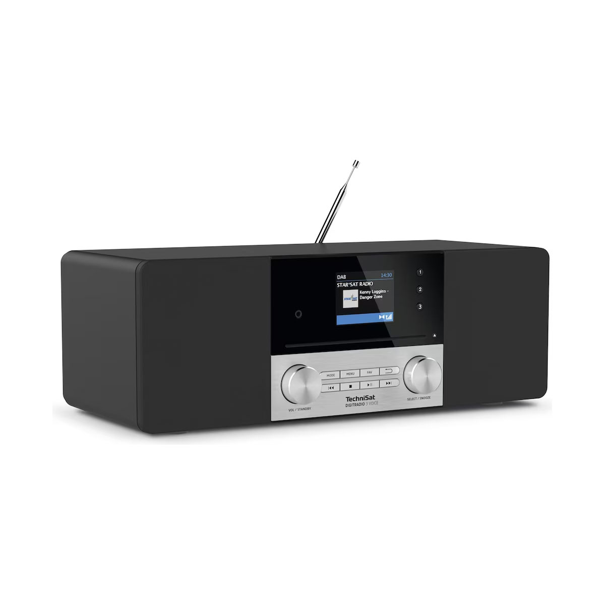 Czarny radio TechniSat ze srebrnym panelem. Ekran wyświetla informacje radiowe. Antena jest wysunięta. Widoczne są elementy sterujące.